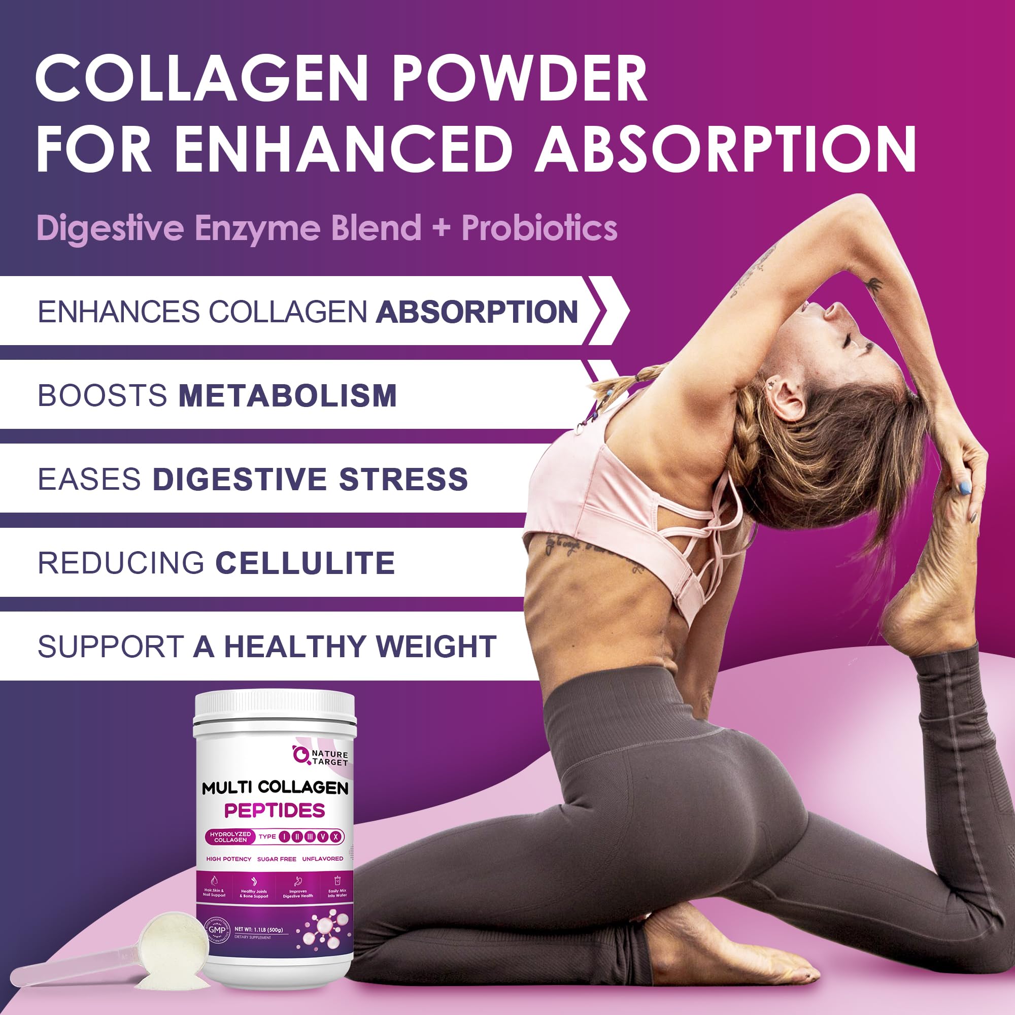 Nature Target Multi Collagen packaging highlights hyaluronic acid and vitamin C benefits