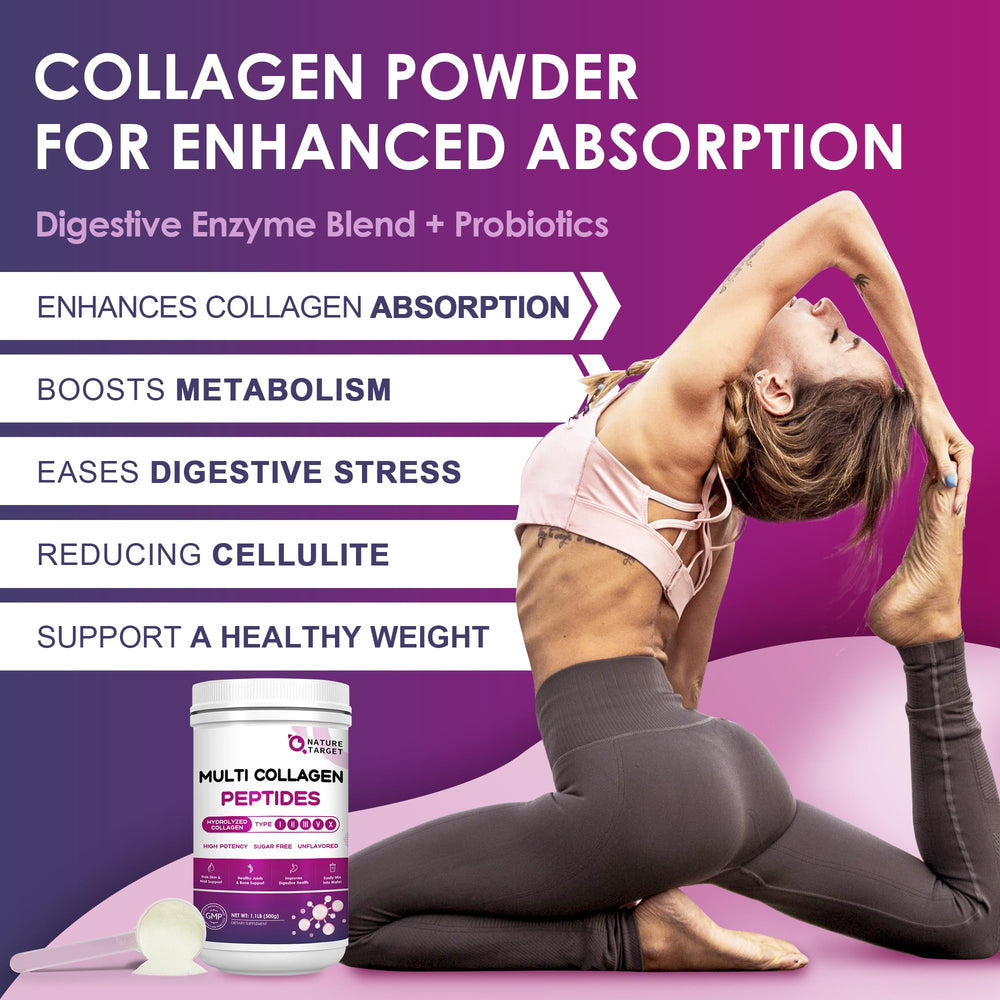 Nature Target Multi Collagen packaging highlights hyaluronic acid and vitamin C benefits