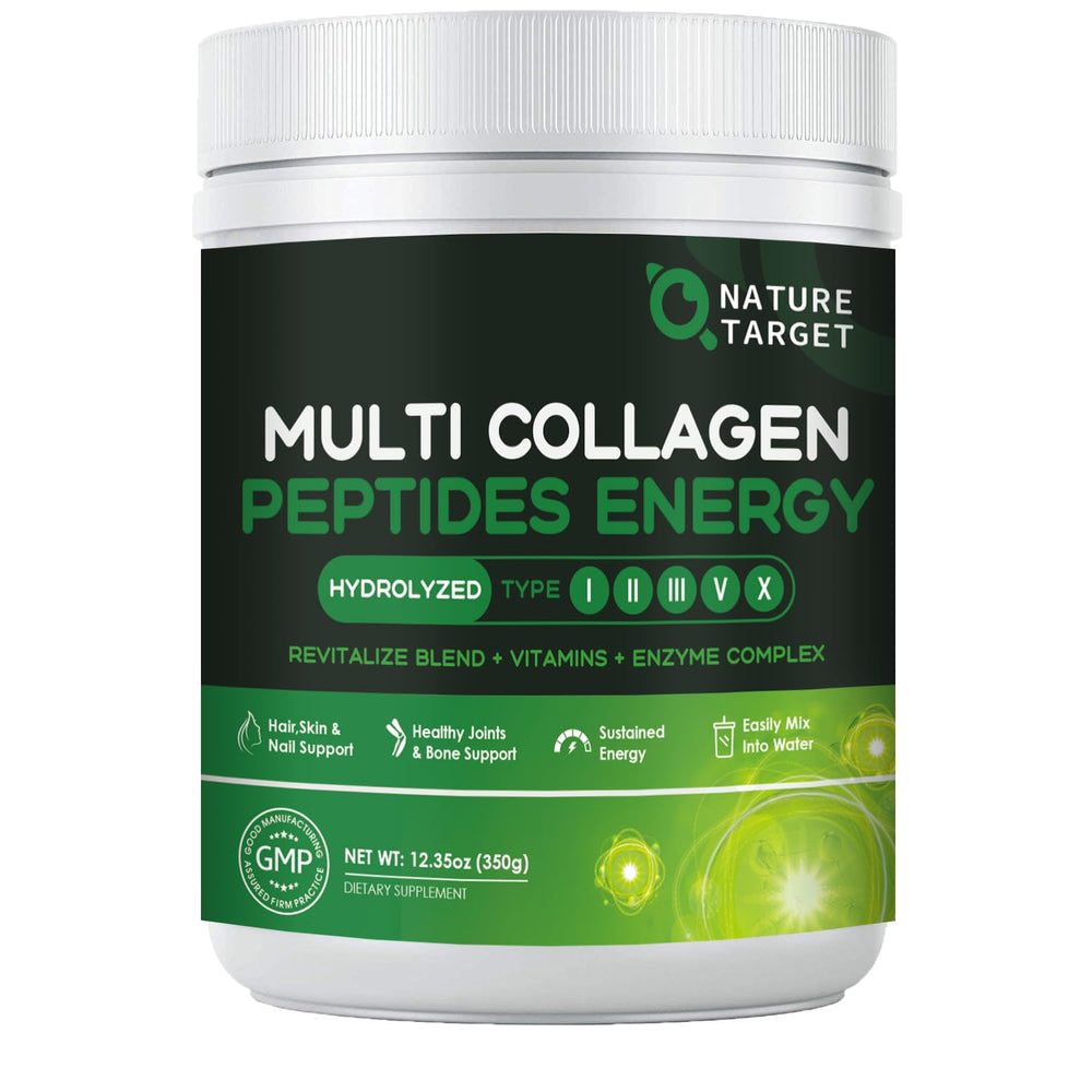 Nature Target Multi-Collagen-Peptides Powder bottle highlights energy support and skin benefits.