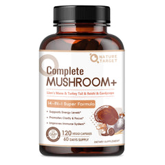 Nature Target Mushroom Supplement bottle front promoting daily wellness and focus