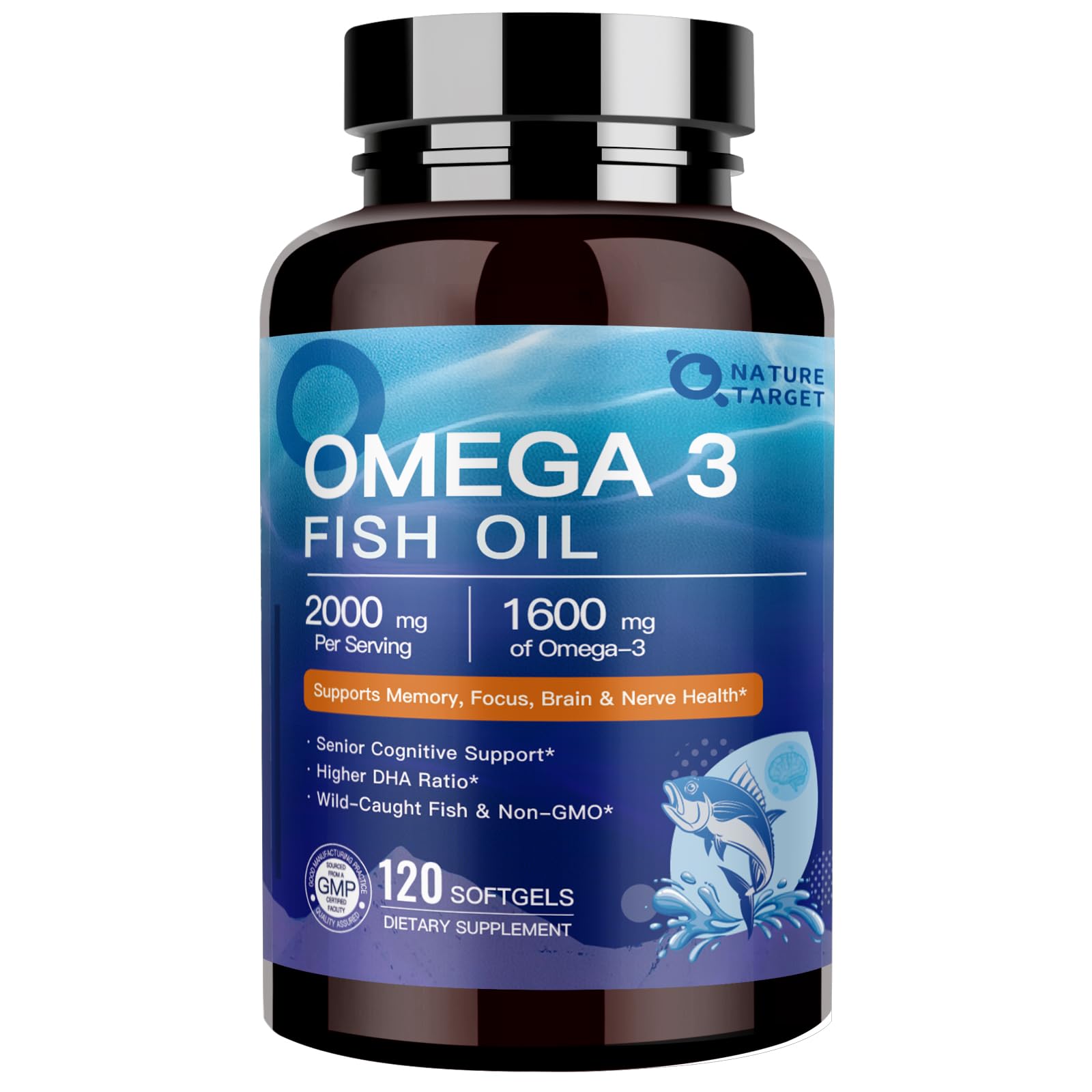 NATURE TARGET Omega 3 1600mg bottle with premium fish oil softgels for daily support