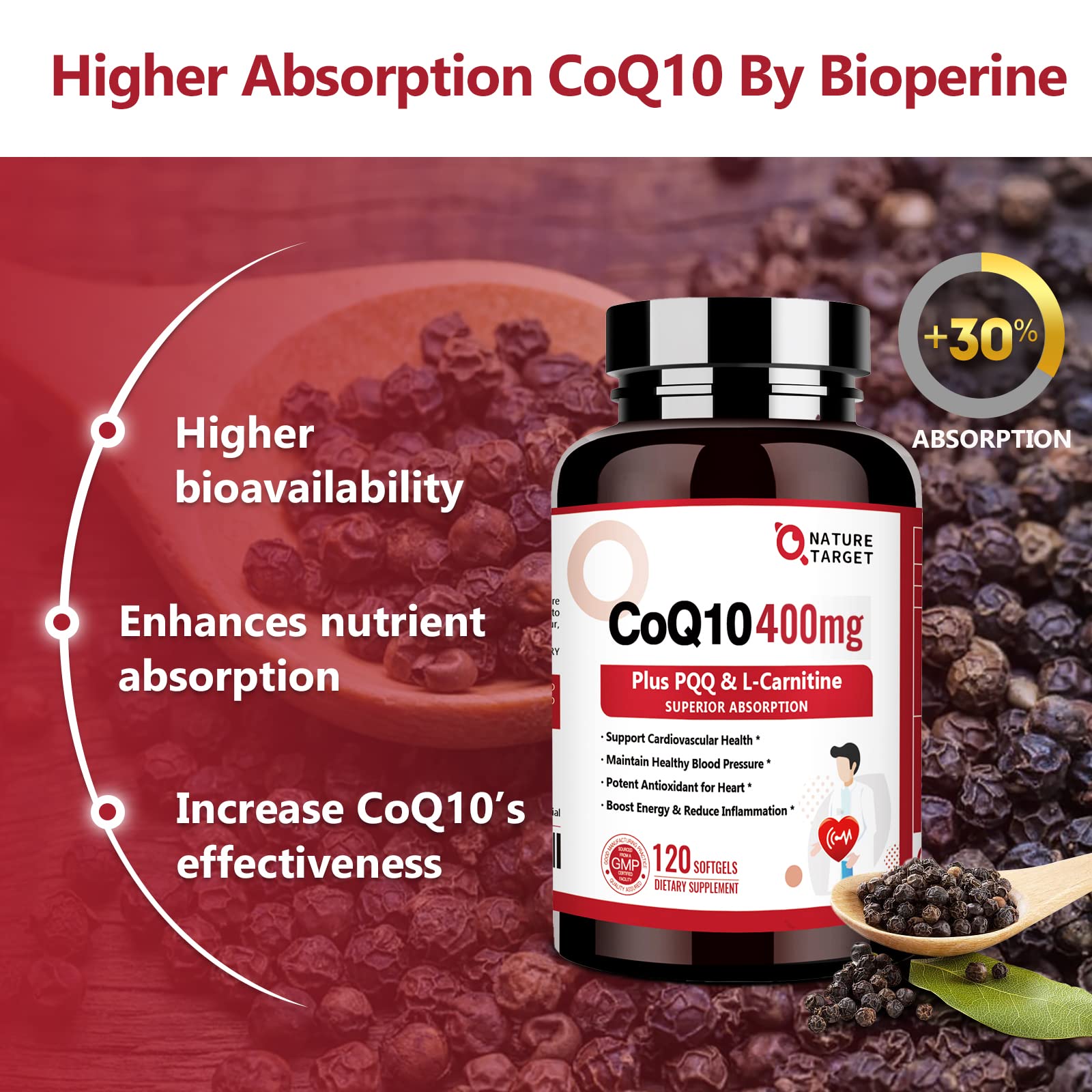 Nature Target omega-3 and PQQ blend capsule close-up suggests vitality and balance.