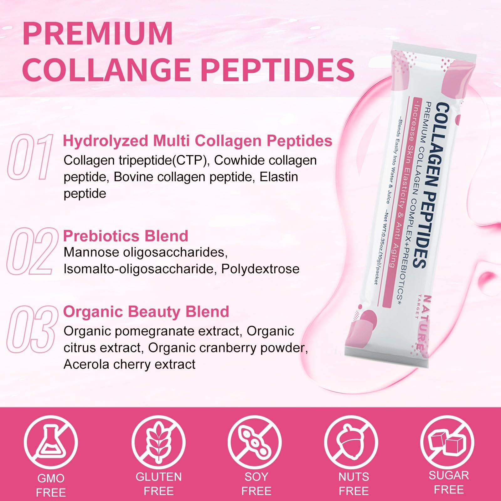 NATURE TARGET portable packets for on-the-go collagen supplementation.