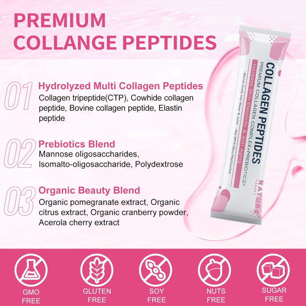 NATURE TARGET portable packets for on-the-go collagen supplementation.