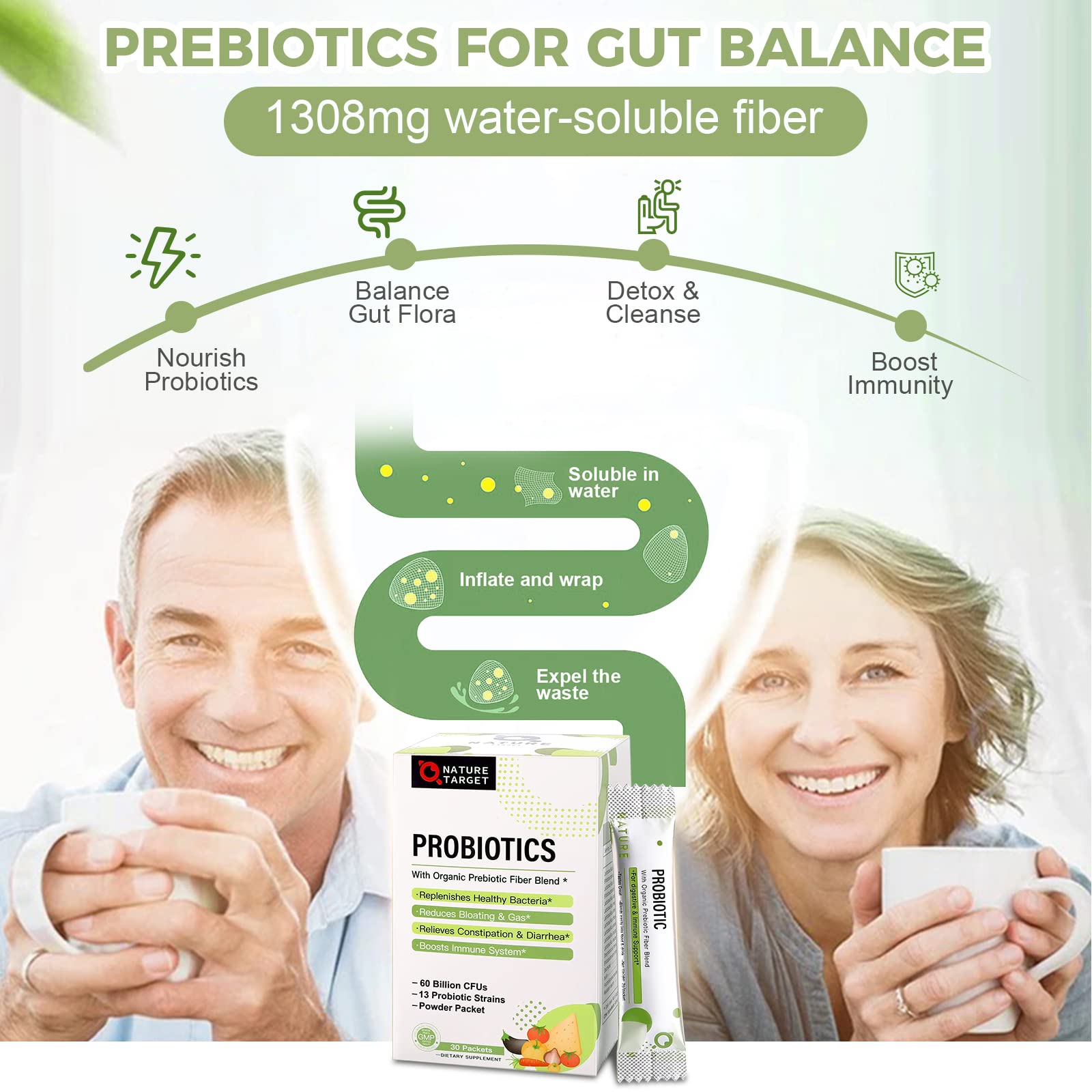 Nature Target 60B CFU label indicates high-potency probiotic powder.