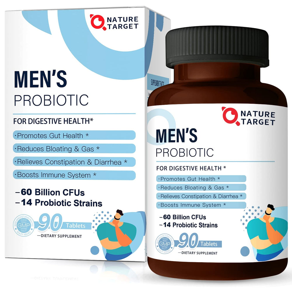 Nature Target Probiotics for Men bottle front showing 60B CFUs and 14 strains for daily gut support