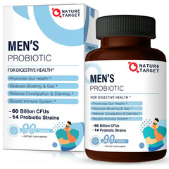 Nature Target Probiotics for Men bottle front showing 60B CFUs and 14 strains for daily gut support