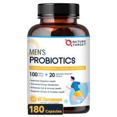 Nature Target Probiotics for Men bottle supports daily gut comfort.