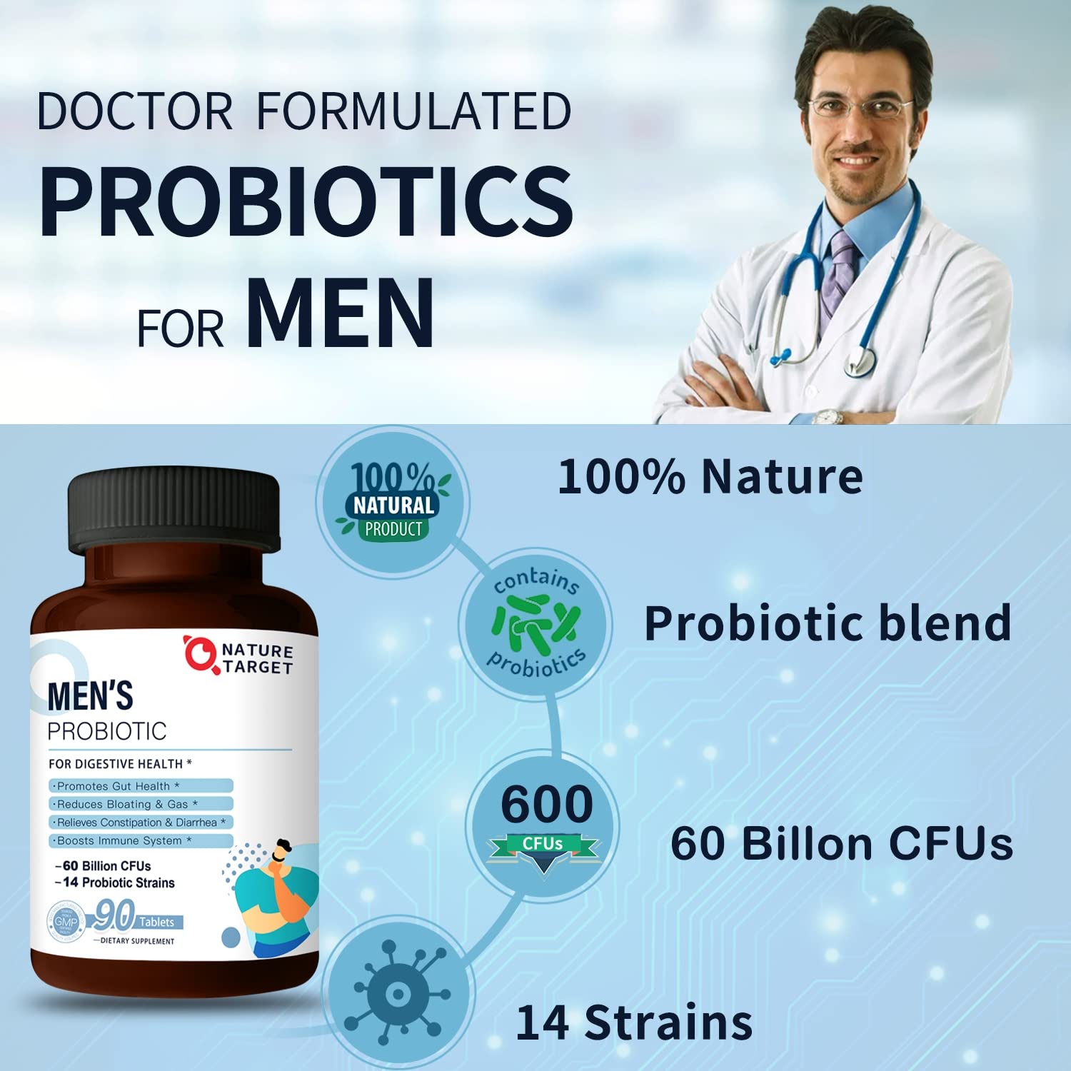 Nature Target Probiotics for Men immunity support icon with badge