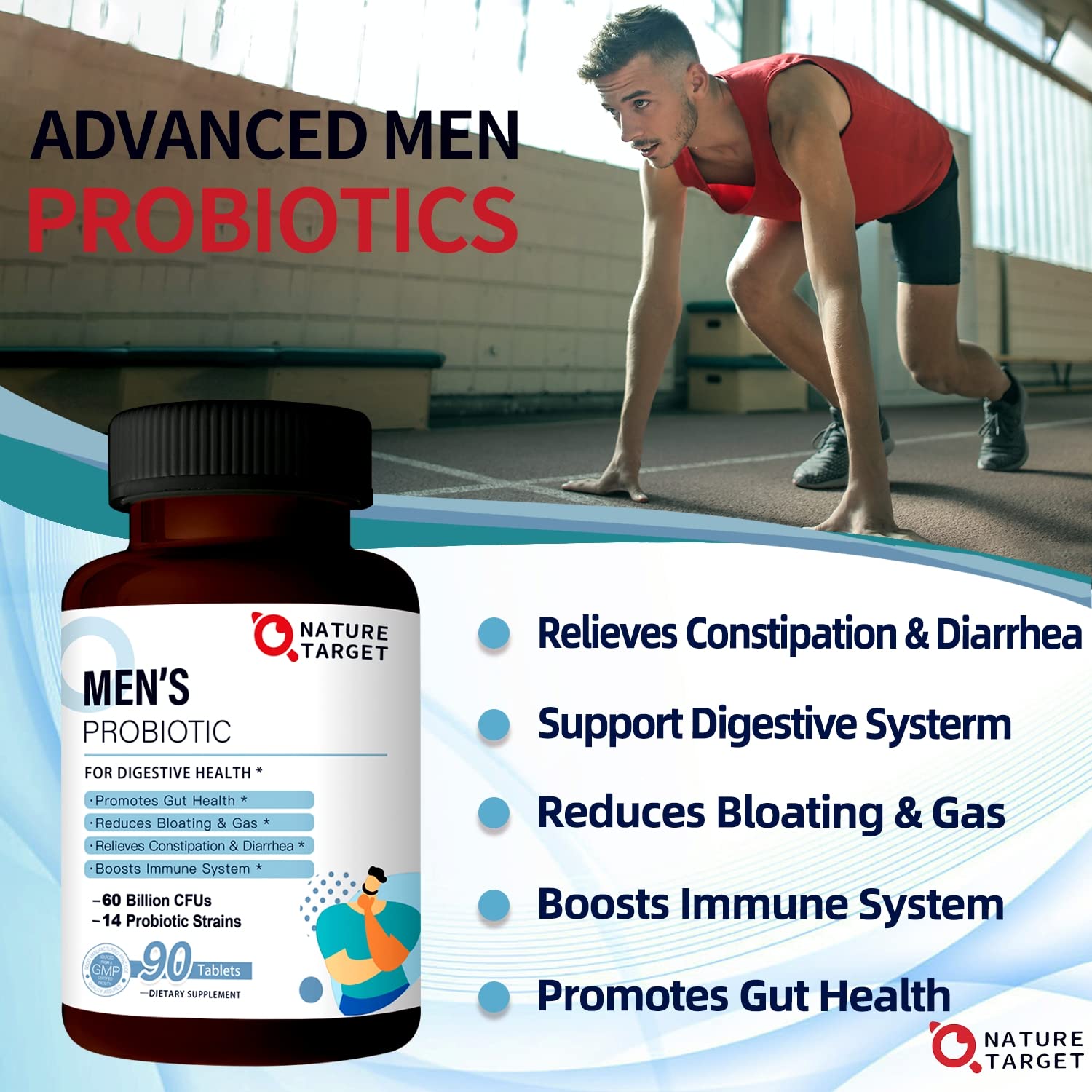 Nature Target Probiotics for Men packaging open showing 90 tablet bottle