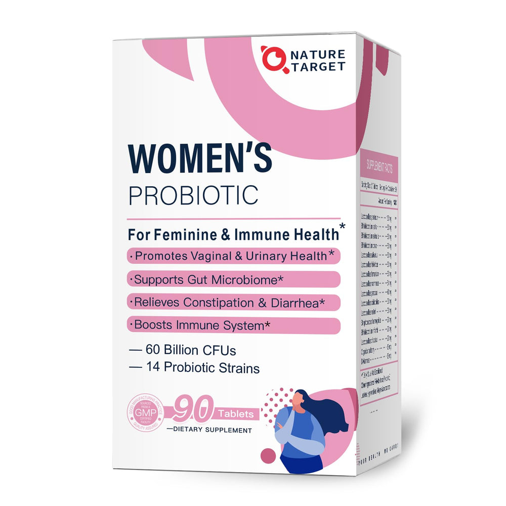Nature Target Probiotics for Women bottle front, 90 tablets, 45-day supply, supports digestive balance.