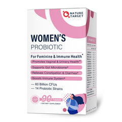 Nature Target Probiotics for Women bottle front, 90 tablets, 45-day supply, supports digestive balance.