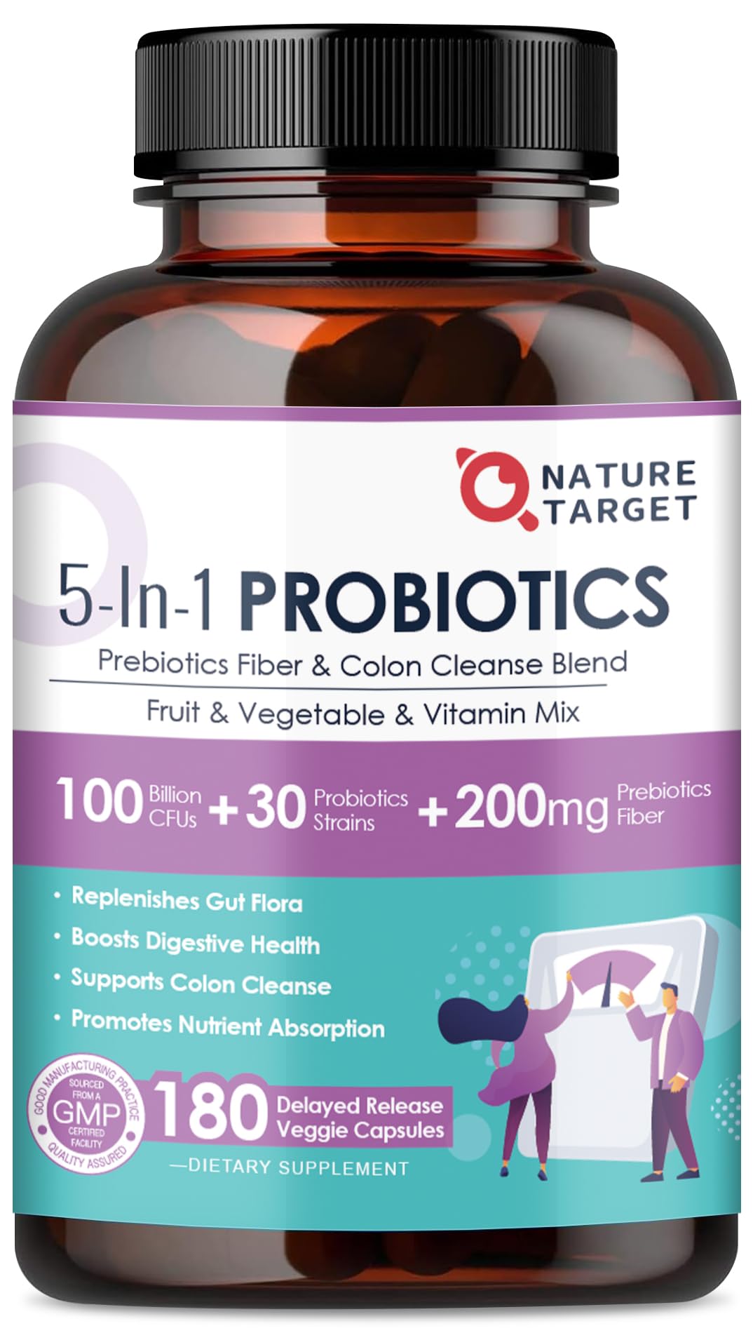 Nature Target probiotics bottle with 180 veggie capsules for daily gut support