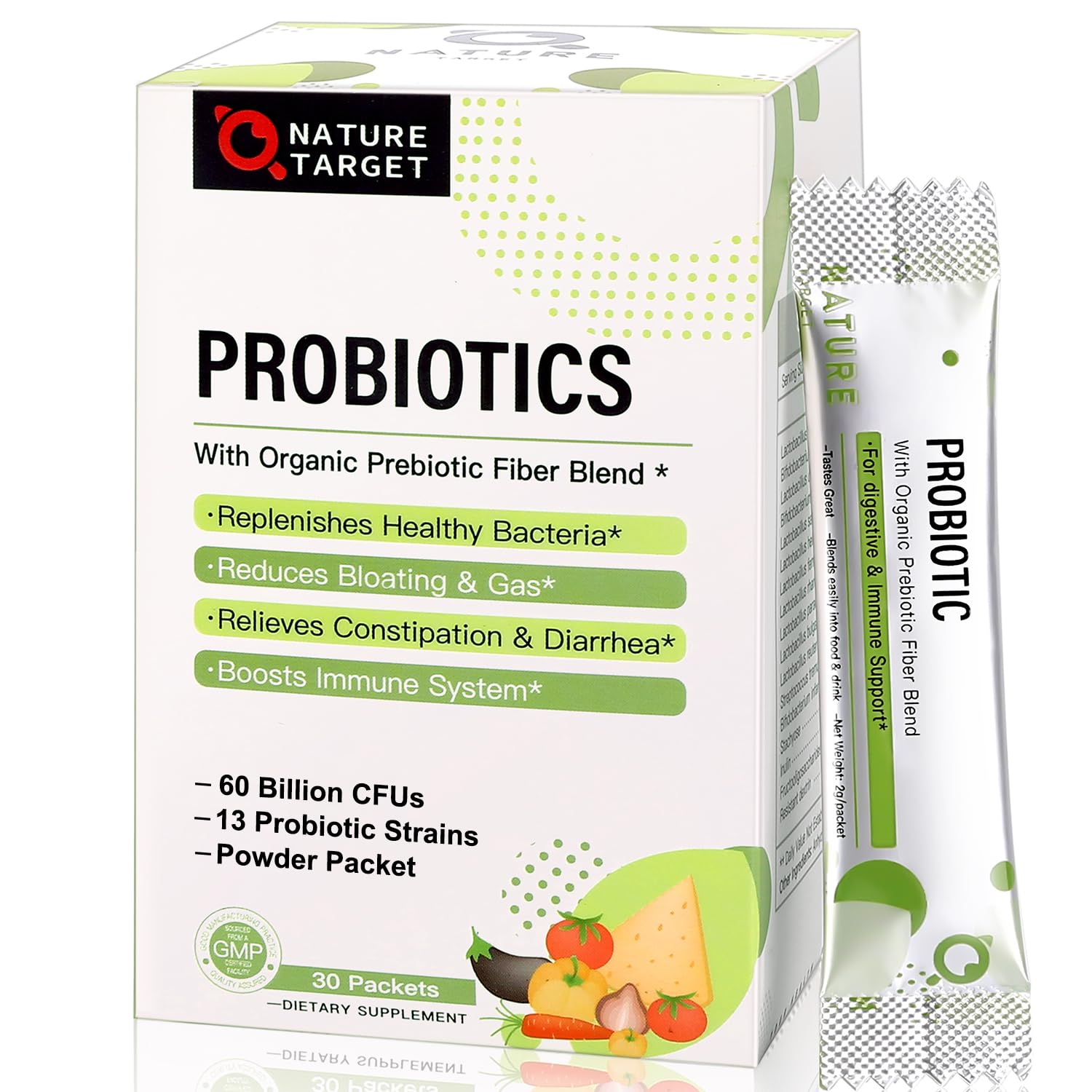 Nature Target Probiotics powder bottle shown for family use, supports daily comfort.