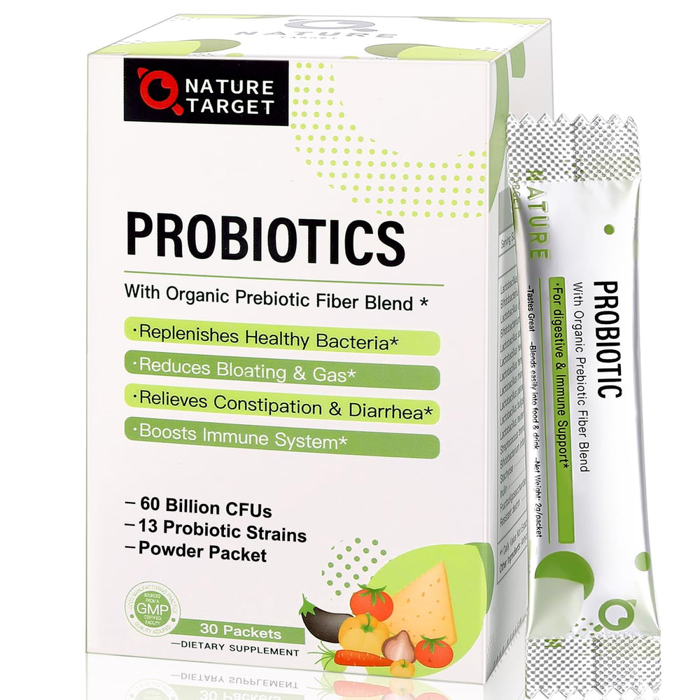 Nature Target Probiotics powder bottle shown for family use, supports daily comfort.