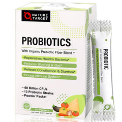 Nature Target Probiotics powder bottle shown for family use, supports daily comfort.