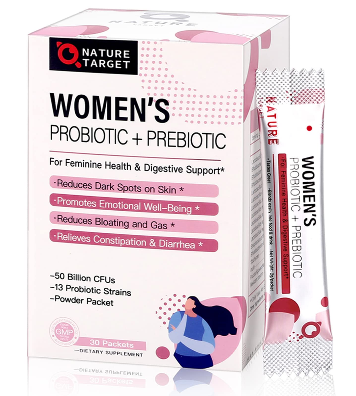 Nature Target probiotics for women powder bottle supports easy daily use and digestive health.