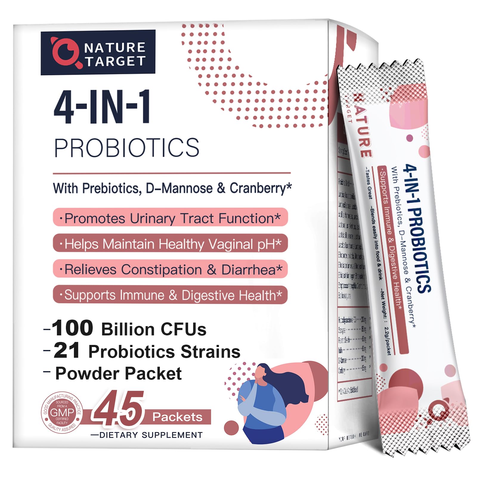 Nature Target Probiotics Women bottle front showing 100B CFUs and 45-day supply.