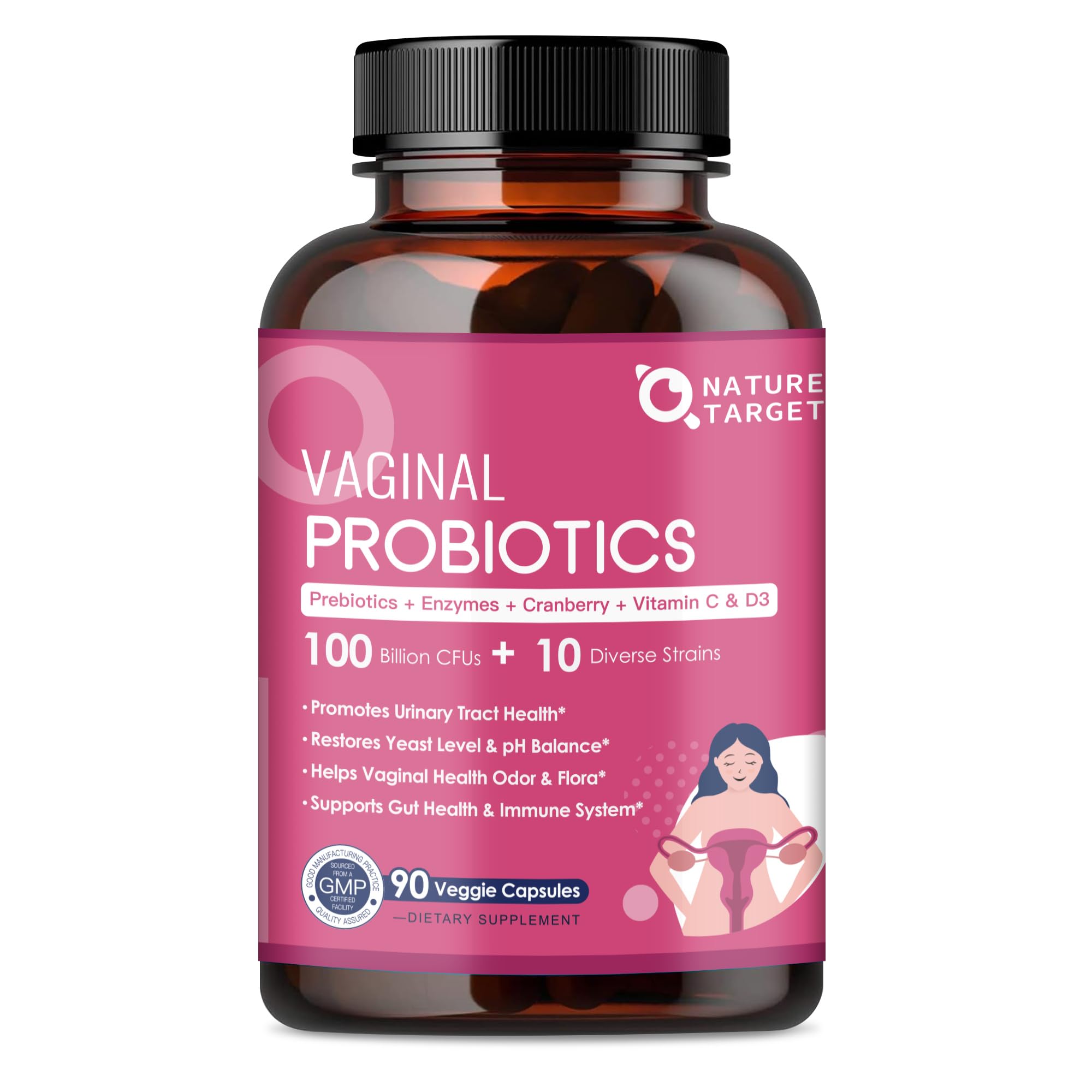 Nature Target Vaginal Probiotics bottle with 90 capsules for pH balance support.