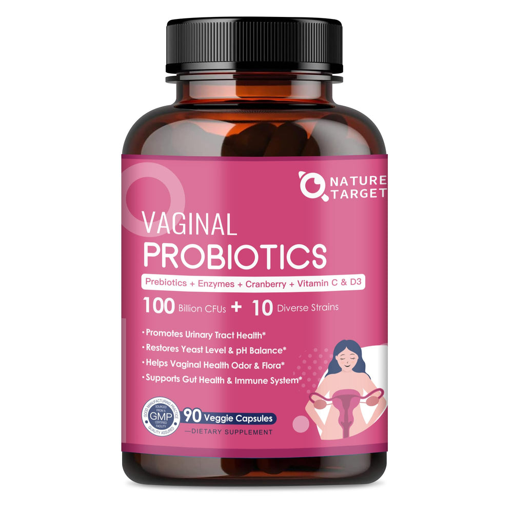 Nature Target Vaginal Probiotics bottle with 90 capsules for pH balance support.