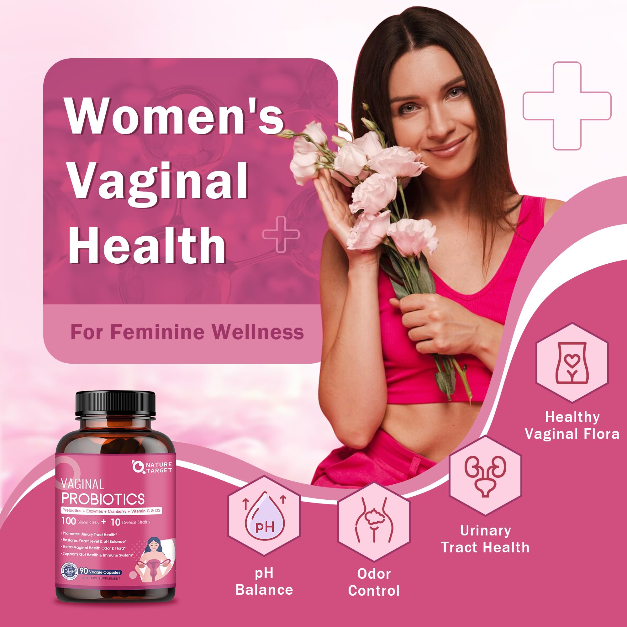 Nature Target Vaginal Probiotics capsules close-up showing high-potency strains for daily balance.