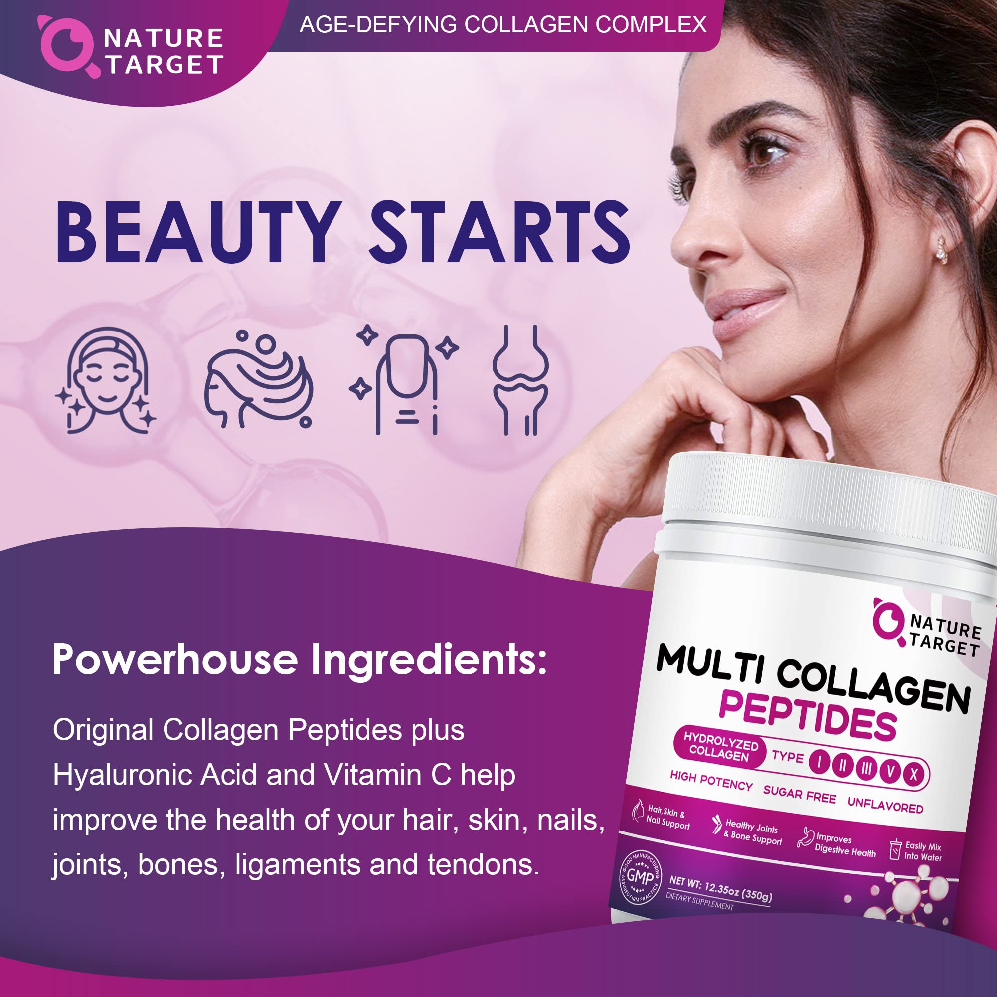 Nature Target vitamin C and hyaluronic acid formula bottle emphasizing hydration and skin support.
