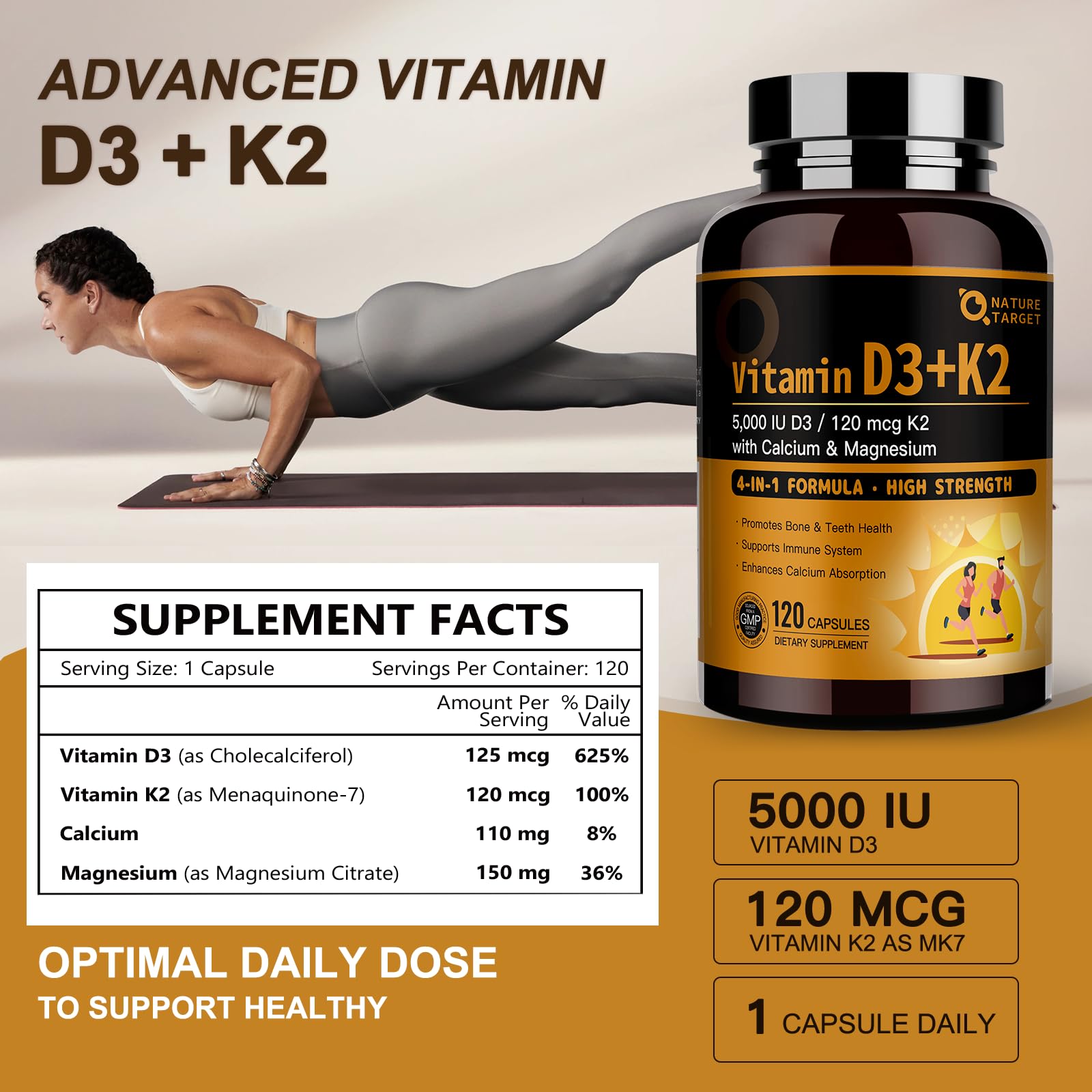 Nature Target Vitamin D3 K2 capsules closeup emphasizing potency and easy ingestion