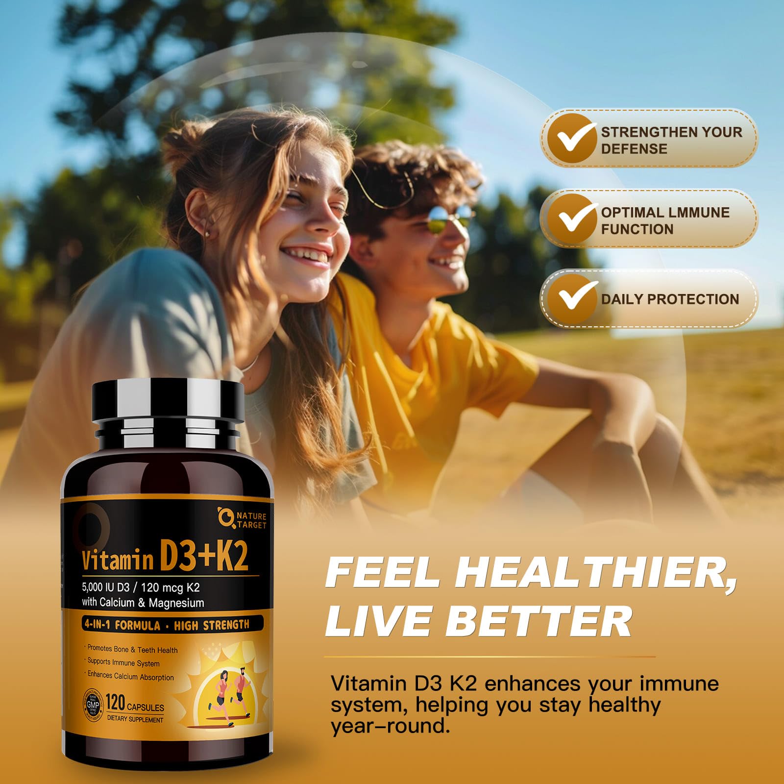 Nature Target Vitamin D3 K2 ingredient panel highlights 5000 IU D3 and 120 mcg K2