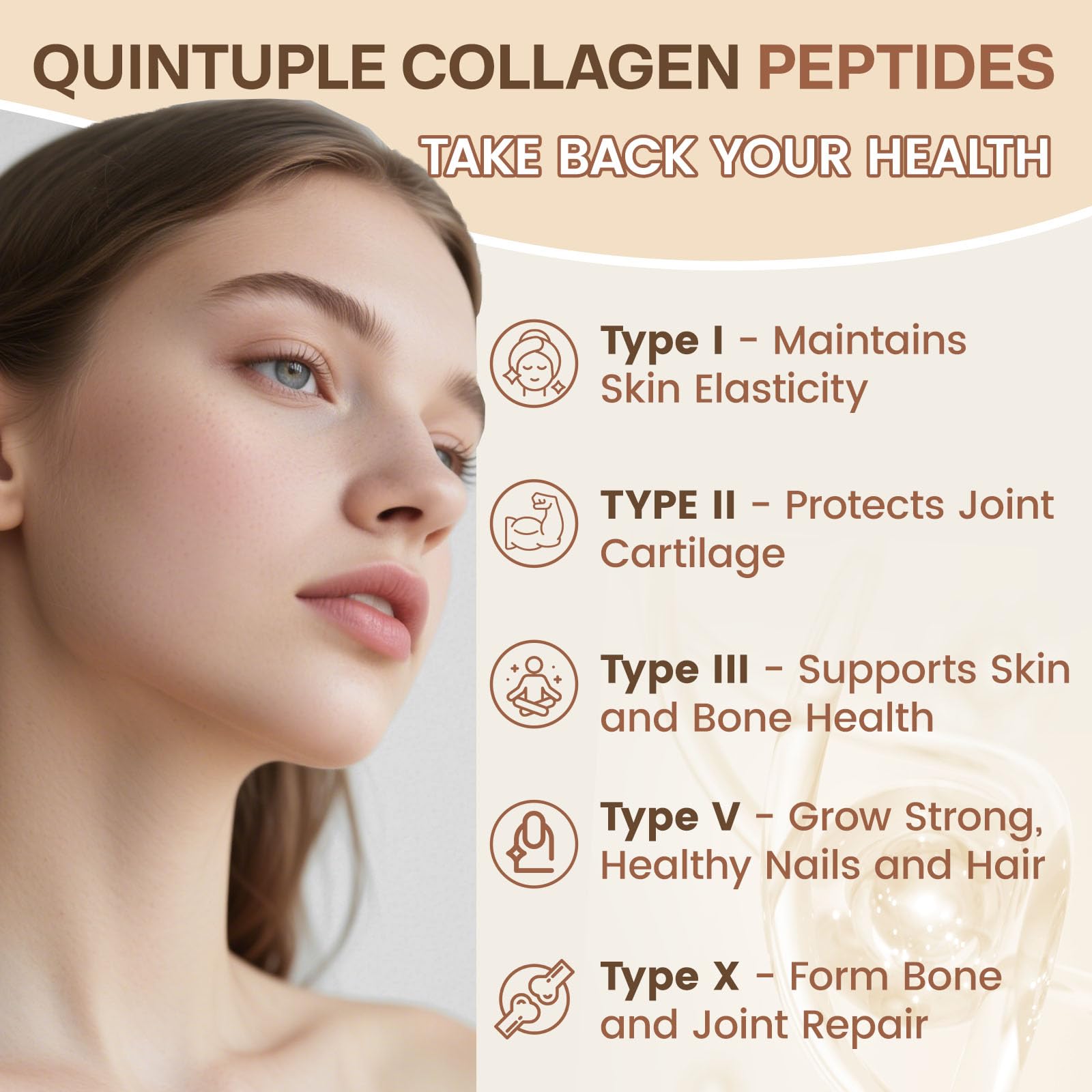 Close-up of vitamin C, E, zinc and magnesium alongside collagen ingredients.