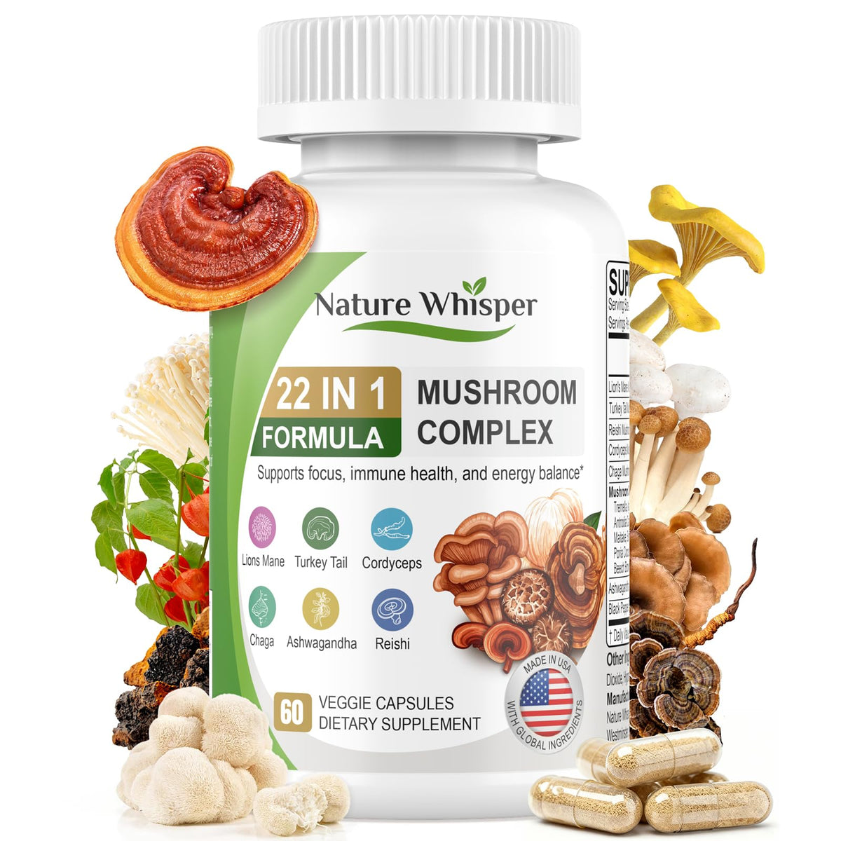 Nature Whisper 22 en 1 hongo Oreja de León: cápsulas para enfoque y bienestar