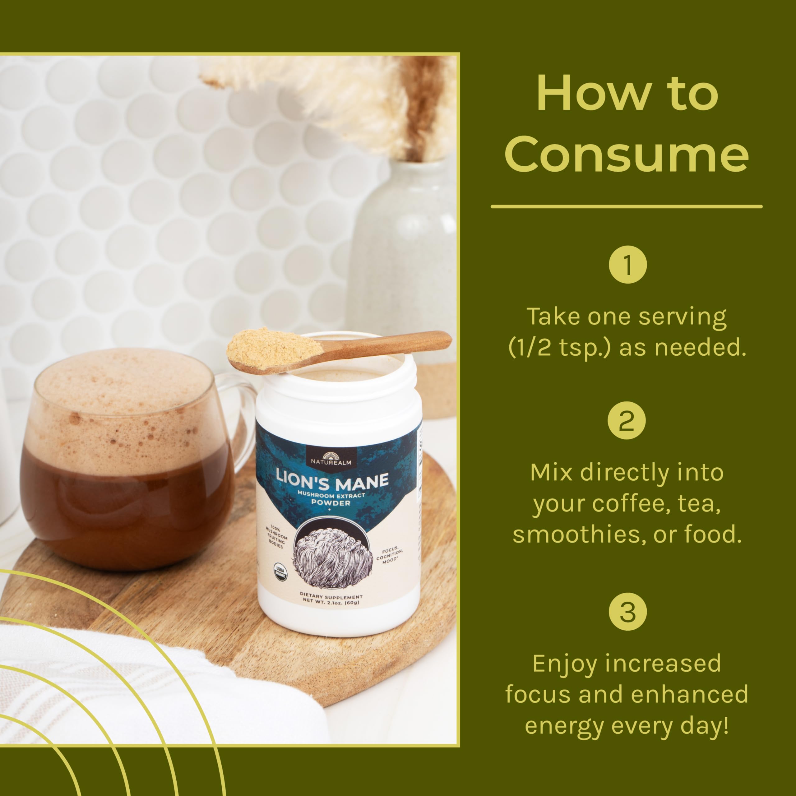 Naturealm Lion’s Mane label close-up signals clean, vegan, gluten-free nutrition