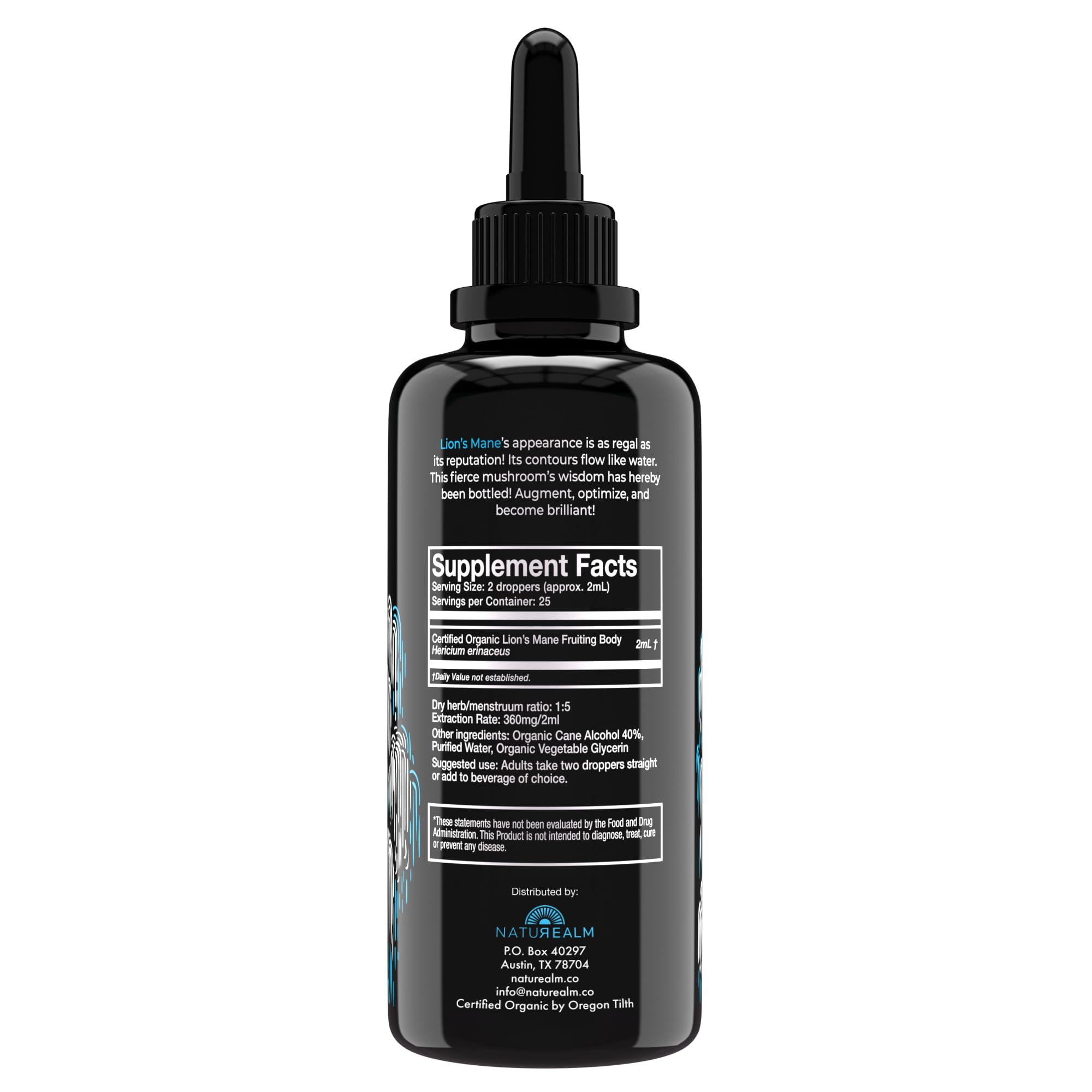 Close-up of dropper dispensing Naturealm Lion's Mane for daily focus
