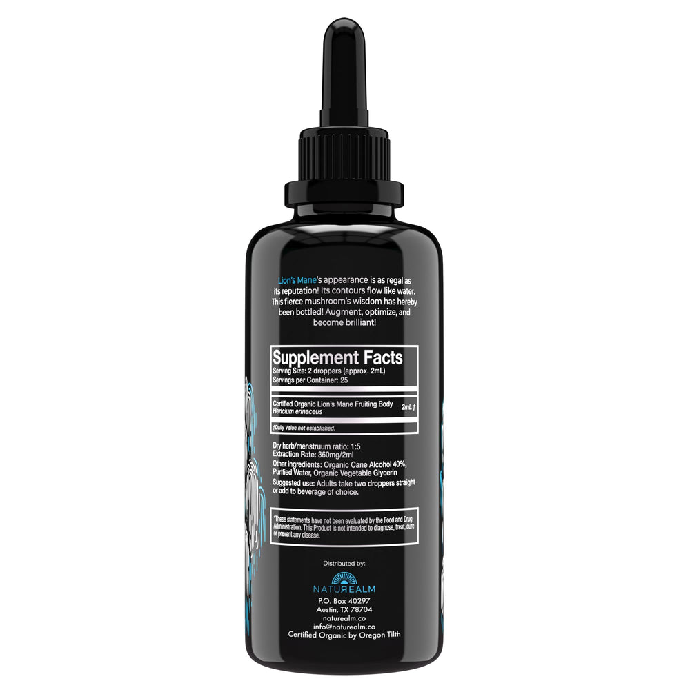 Close-up of dropper dispensing Naturealm Lion's Mane for daily focus