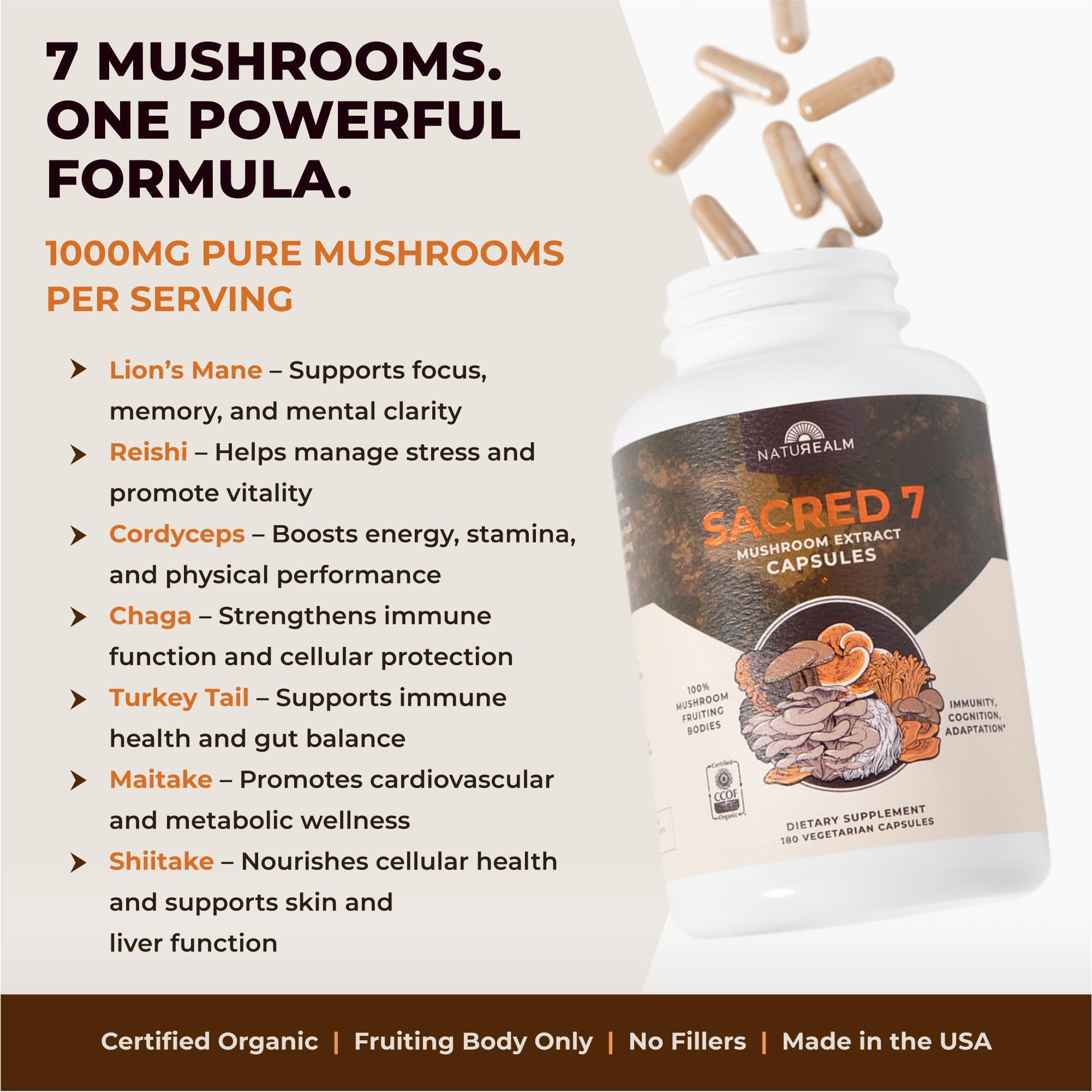 Naturealm Sacred 7 lion mane mushrooms in blend emphasize cognitive wellness.