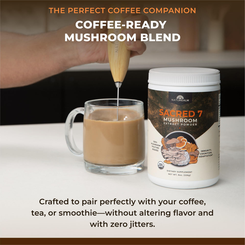 Naturealm Sacred 7 Mushroom Powder in coffee cup with caffeine-free energy potential