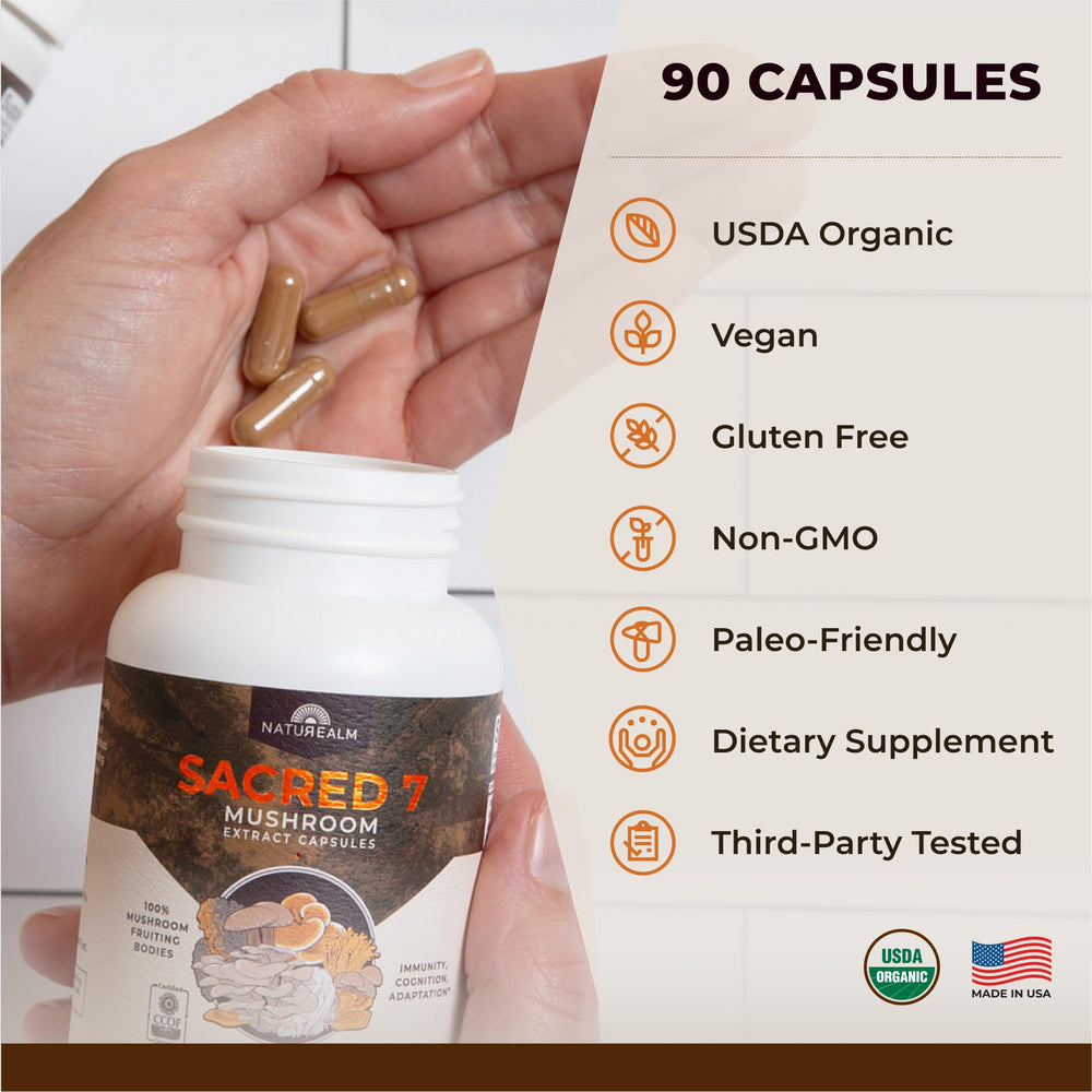 Naturealm Sacred 7 vegetarian capsules for vegan-friendly daily supplement.