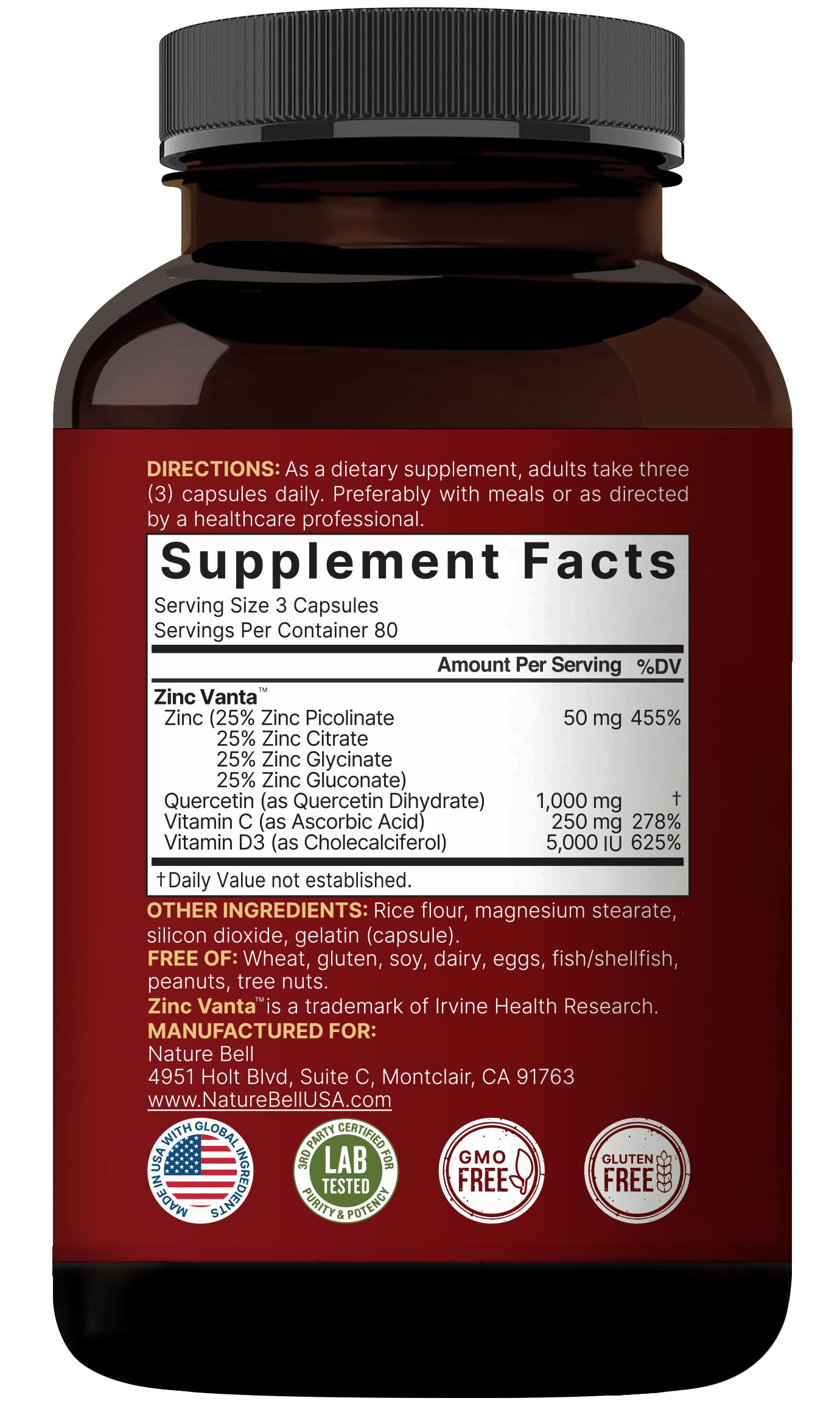 NatureBell 4-in-1 immune formula diagram emphasizes zinc, quercetin, C and D3 synergy