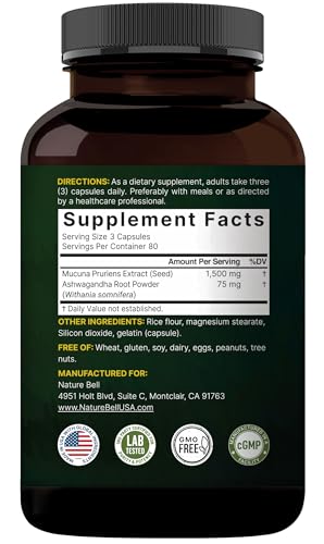 NatureBell Ashwagandha and Mucuna capsules 2-in-1 pack on the label, convenient daily supplement