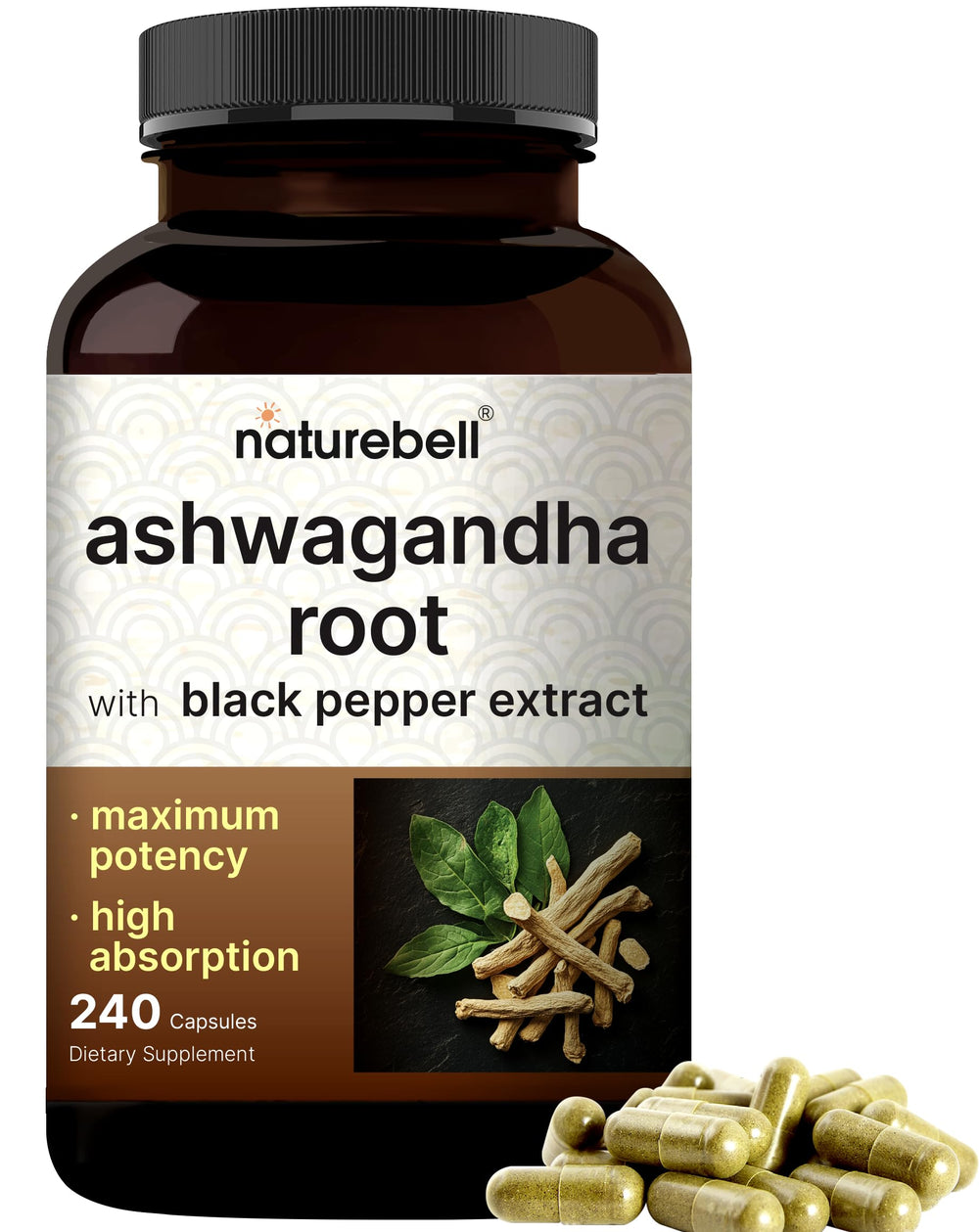 NatureBell Ashwagandha with Black Pepper bottle enhances absorption and relaxation.
