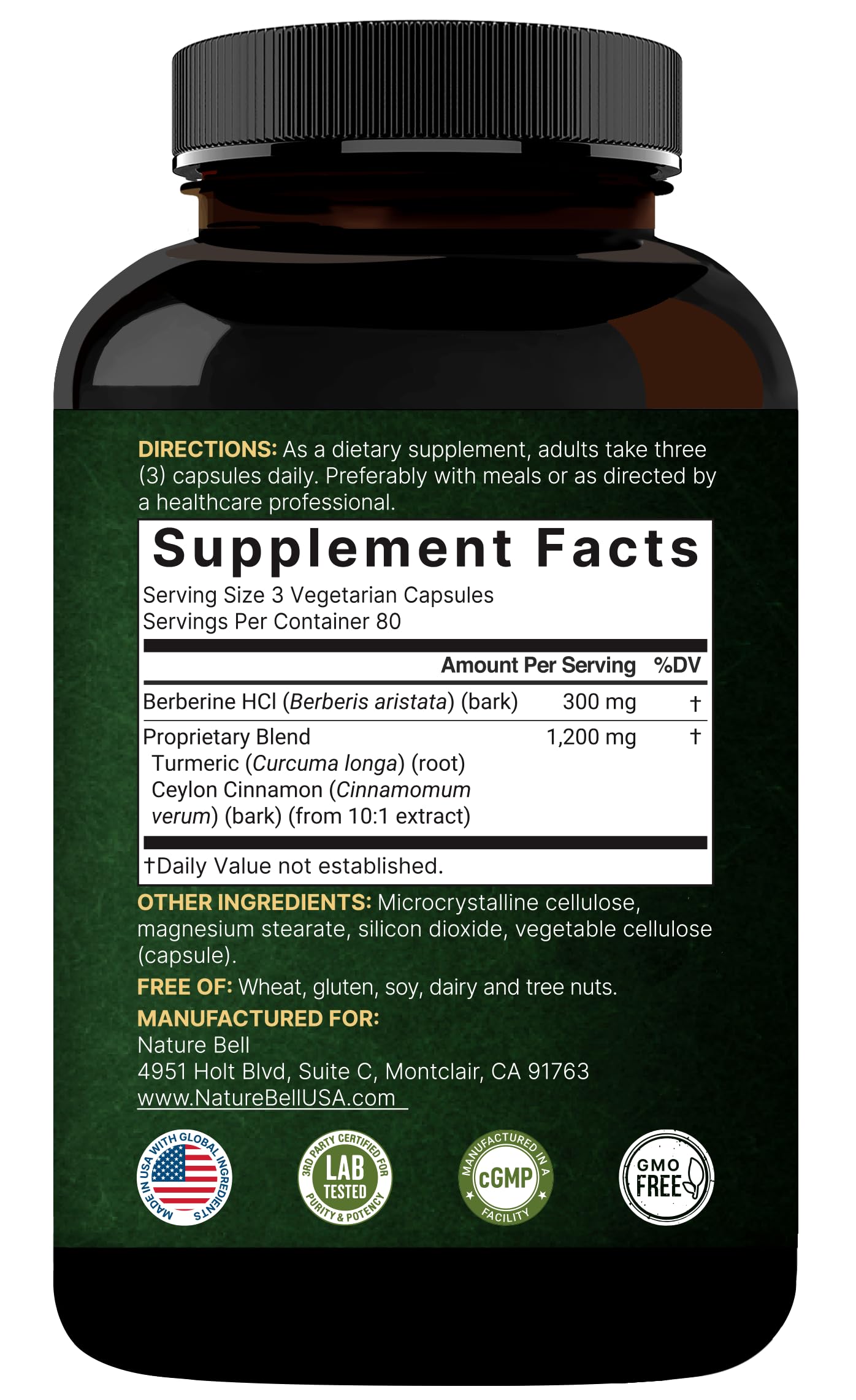 NatureBell Berberine bottle and box arrangement conveys complete product packaging