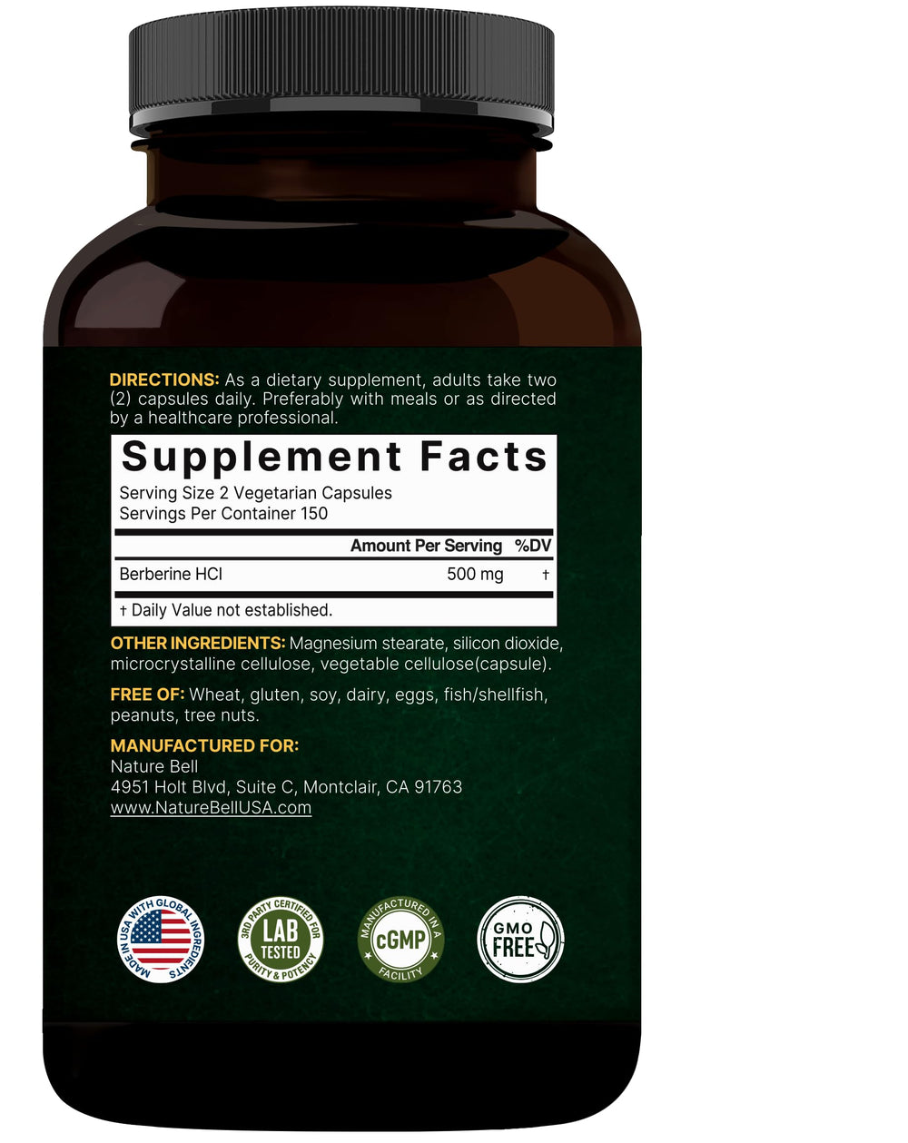 NatureBell Berberine Supplement bottle angled view emphasizing 300 capsules