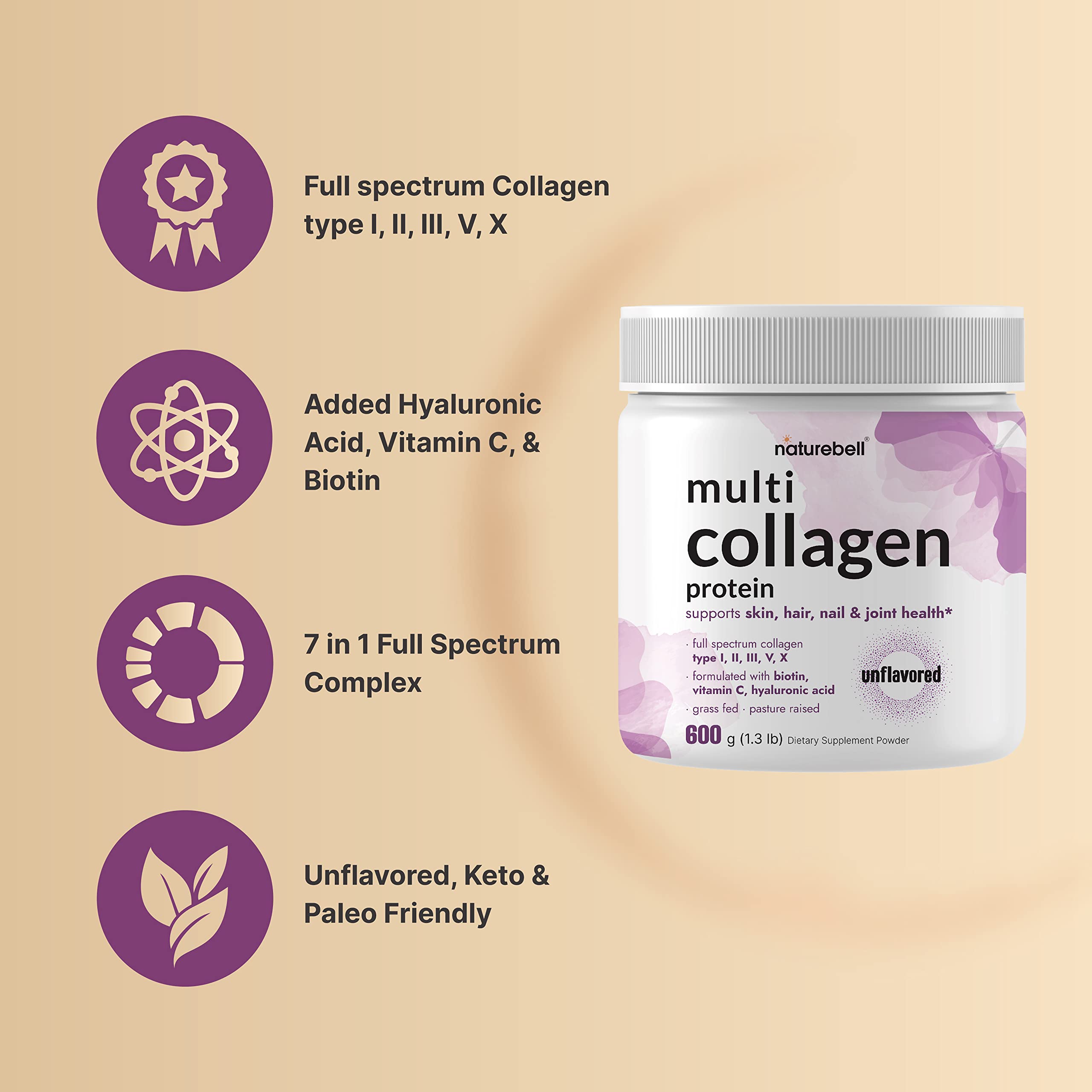 NatureBell Biotin, Vitamin C, and Hyaluronic Acid ingredients on label for collagen support