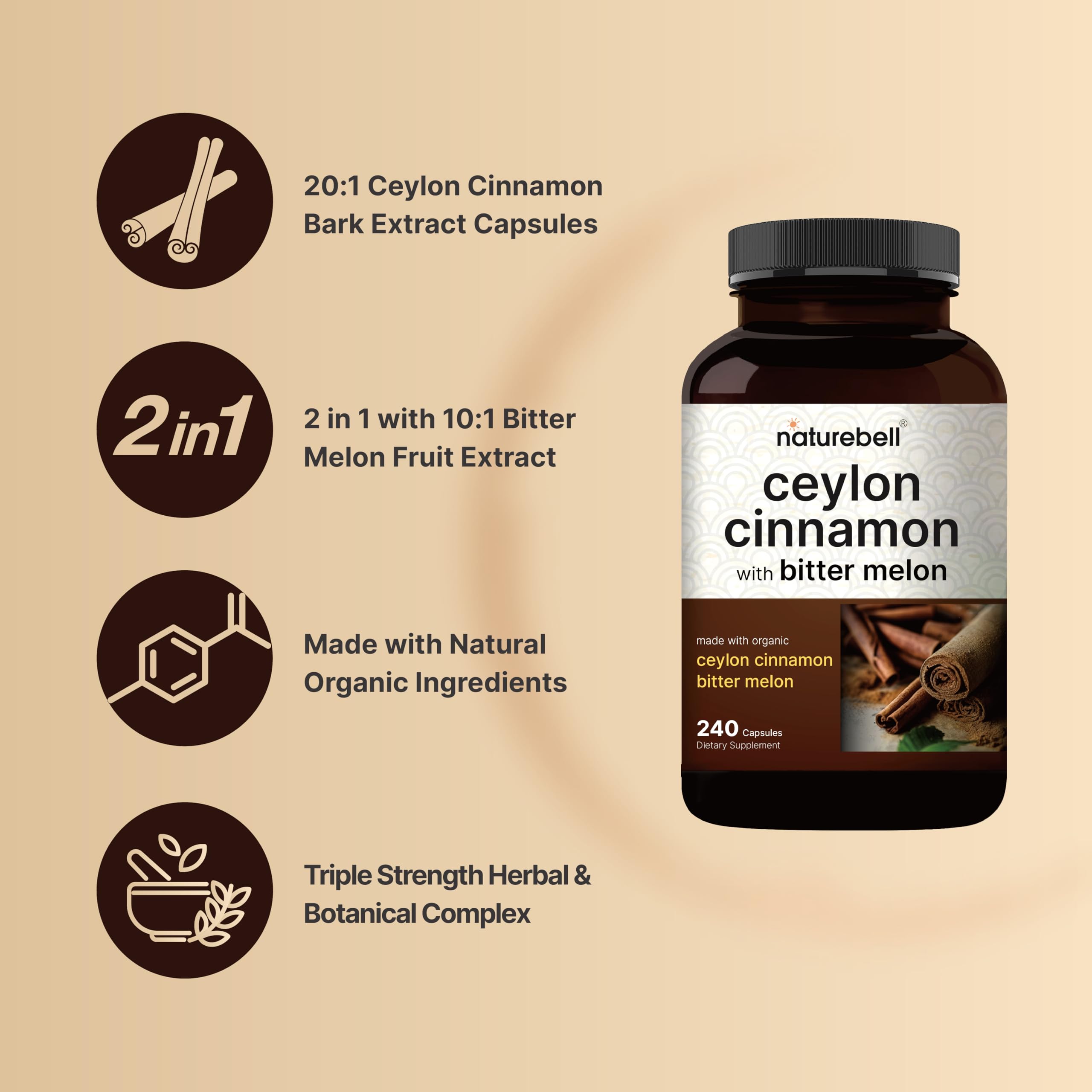 NatureBell Bitter Melon capsules highlighting 10:1 organic extract