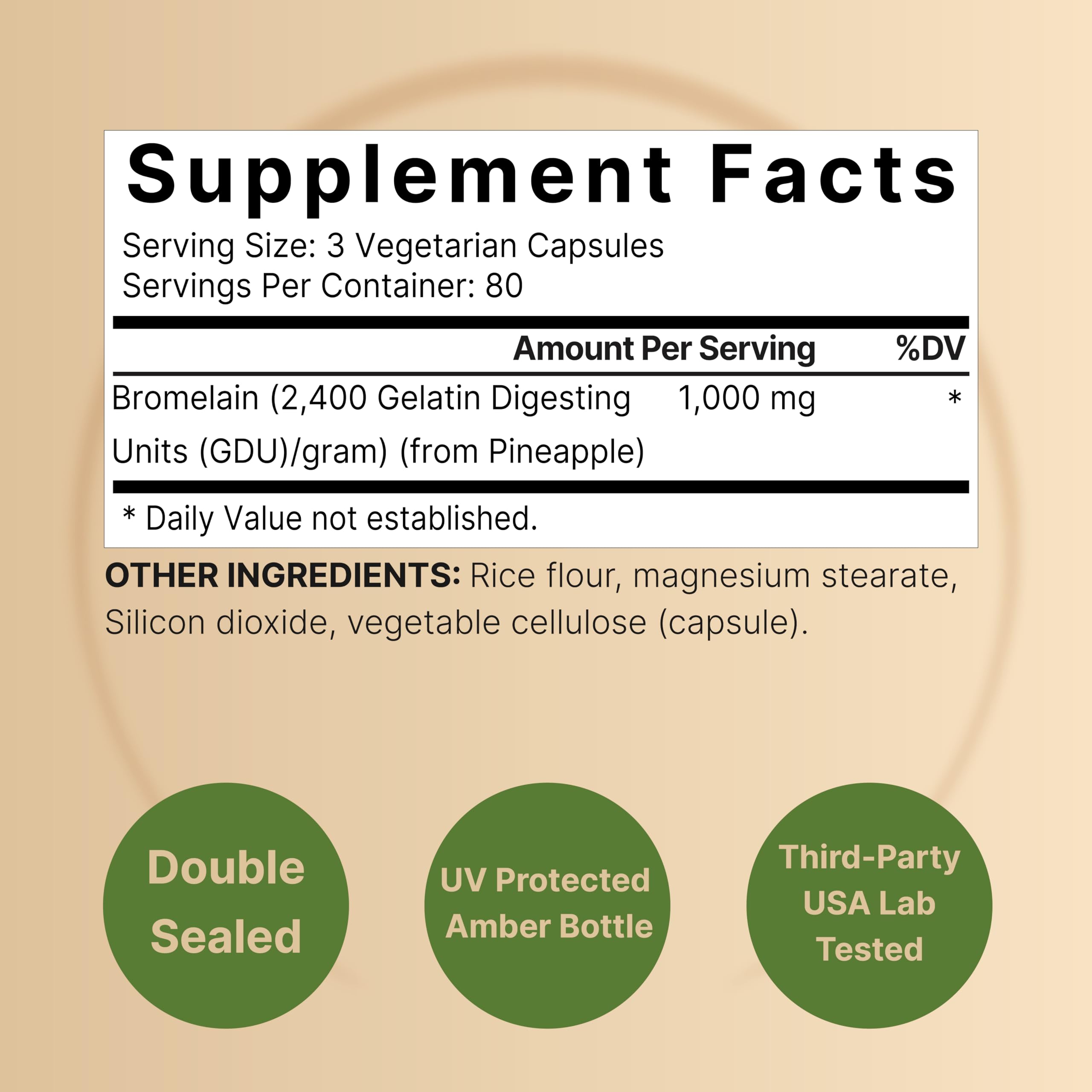 NatureBell Bromelain bottle side highlights 240 capsules for an 80-day supply.