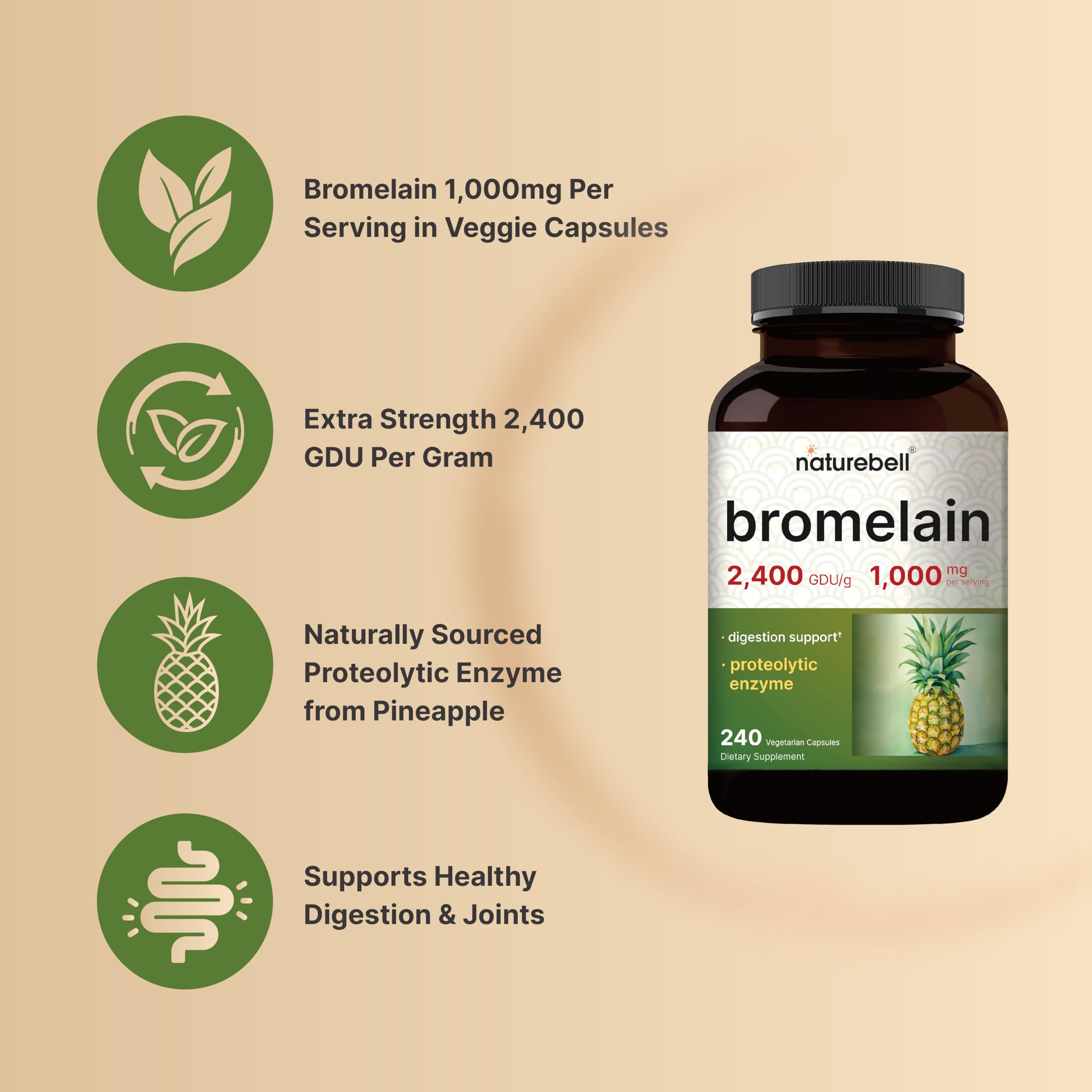 NatureBell Bromelain capsules poured with water suggest easy daily intake.