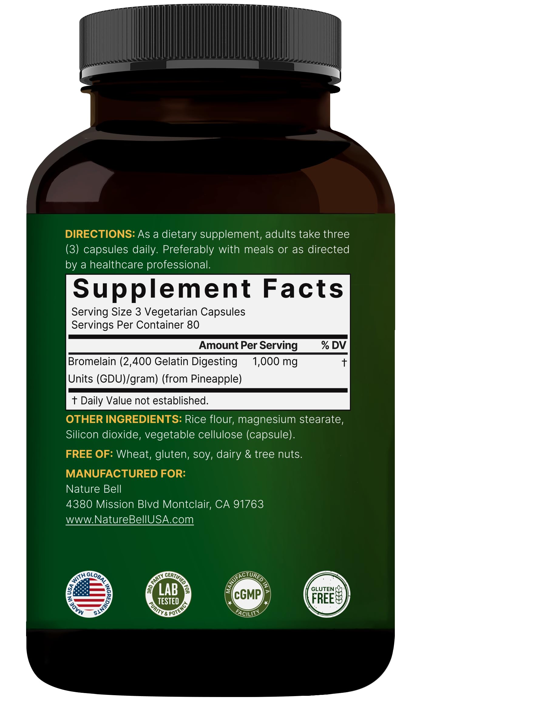 NatureBell Bromelain bottle highlighting GDU potency indicator.