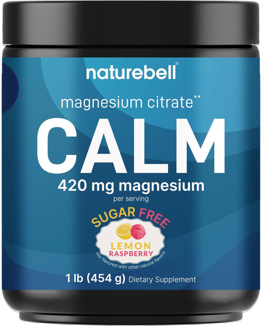 NatureBell Calm Magnesium Powder tub showing lemon raspberry flavor and calming benefits