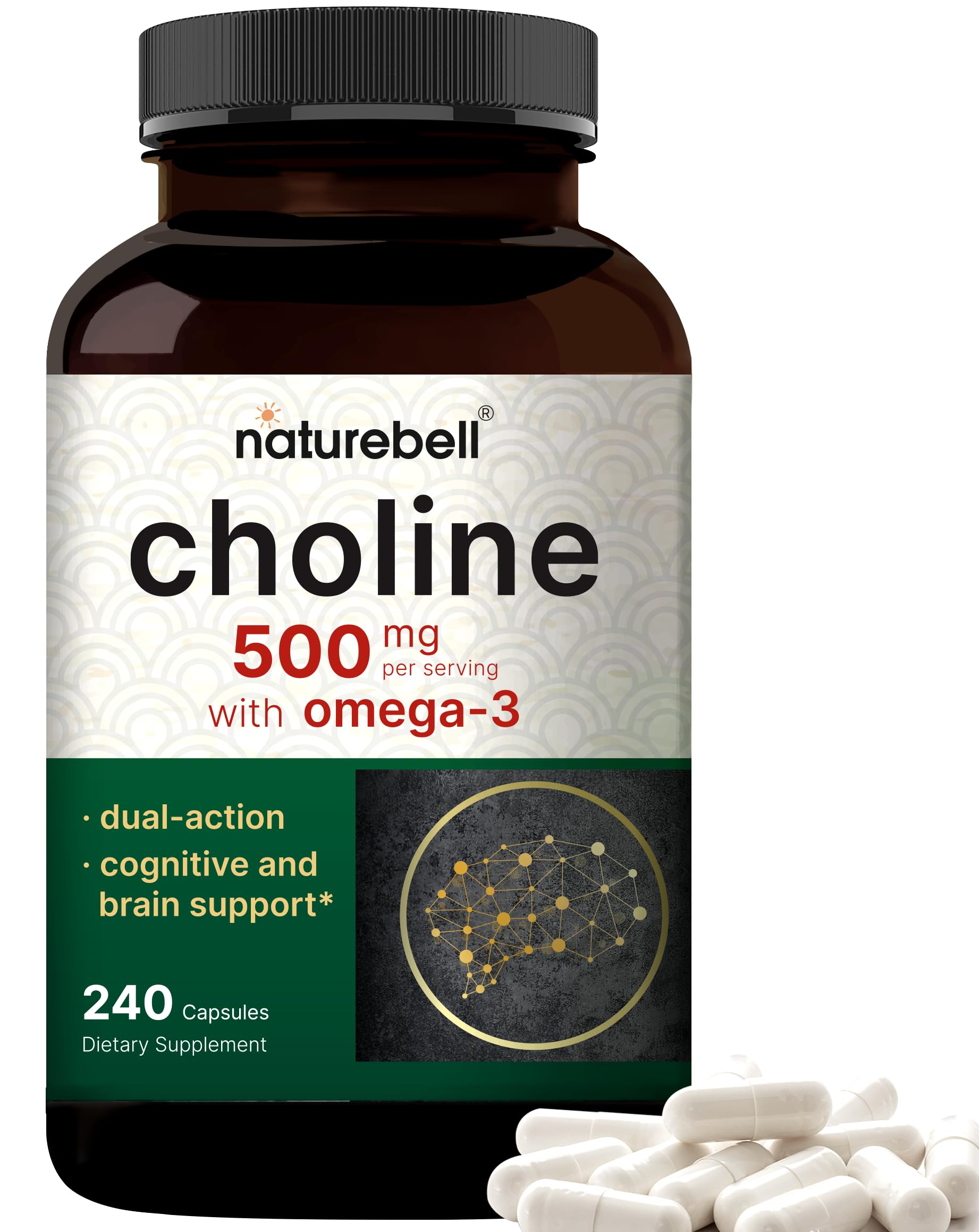 NatureBell choline omega-3 500mg bottle supports brain and energy.
