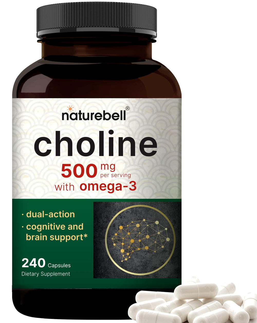 NatureBell choline omega-3 500mg bottle supports brain and energy.
