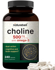 NatureBell choline omega-3 500mg bottle supports brain and energy.